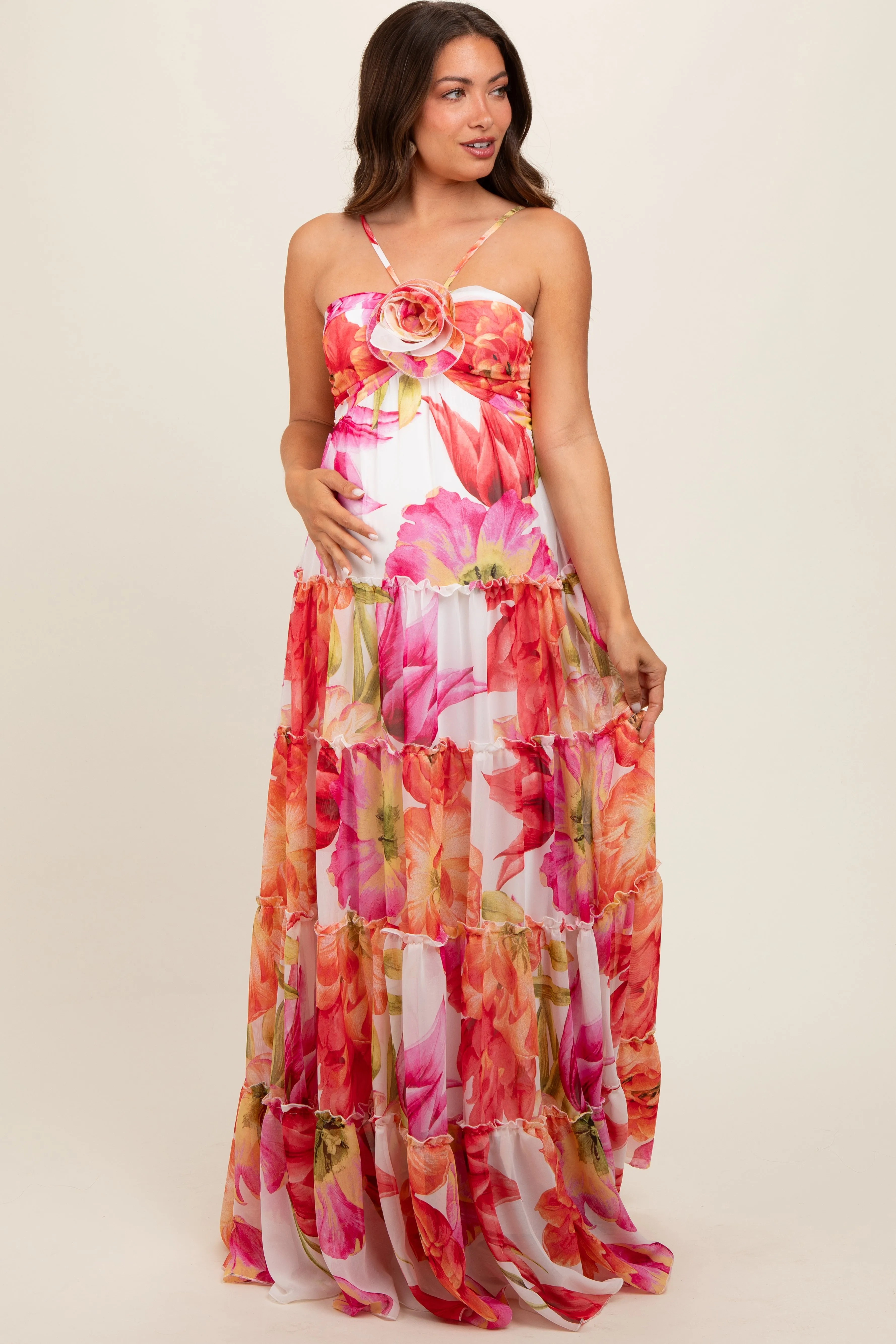 Pink Floral Top Accent Tiered Maternity Maxi Dress sold by Pinkblush product image thumbnail 2