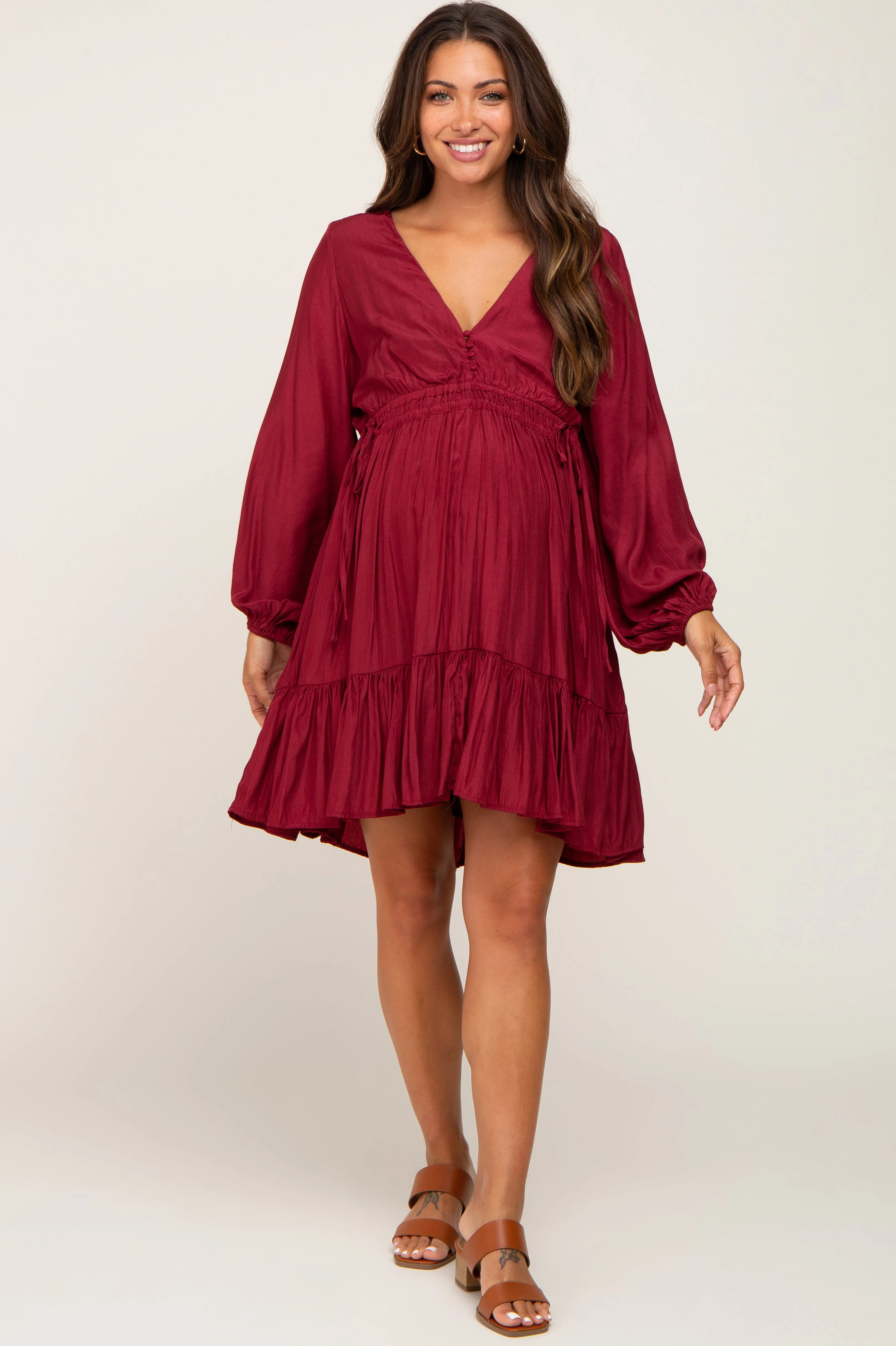 Burgundy V-Neck Cinched Maternity Dress sold by Pinkblush product image thumbnail 4