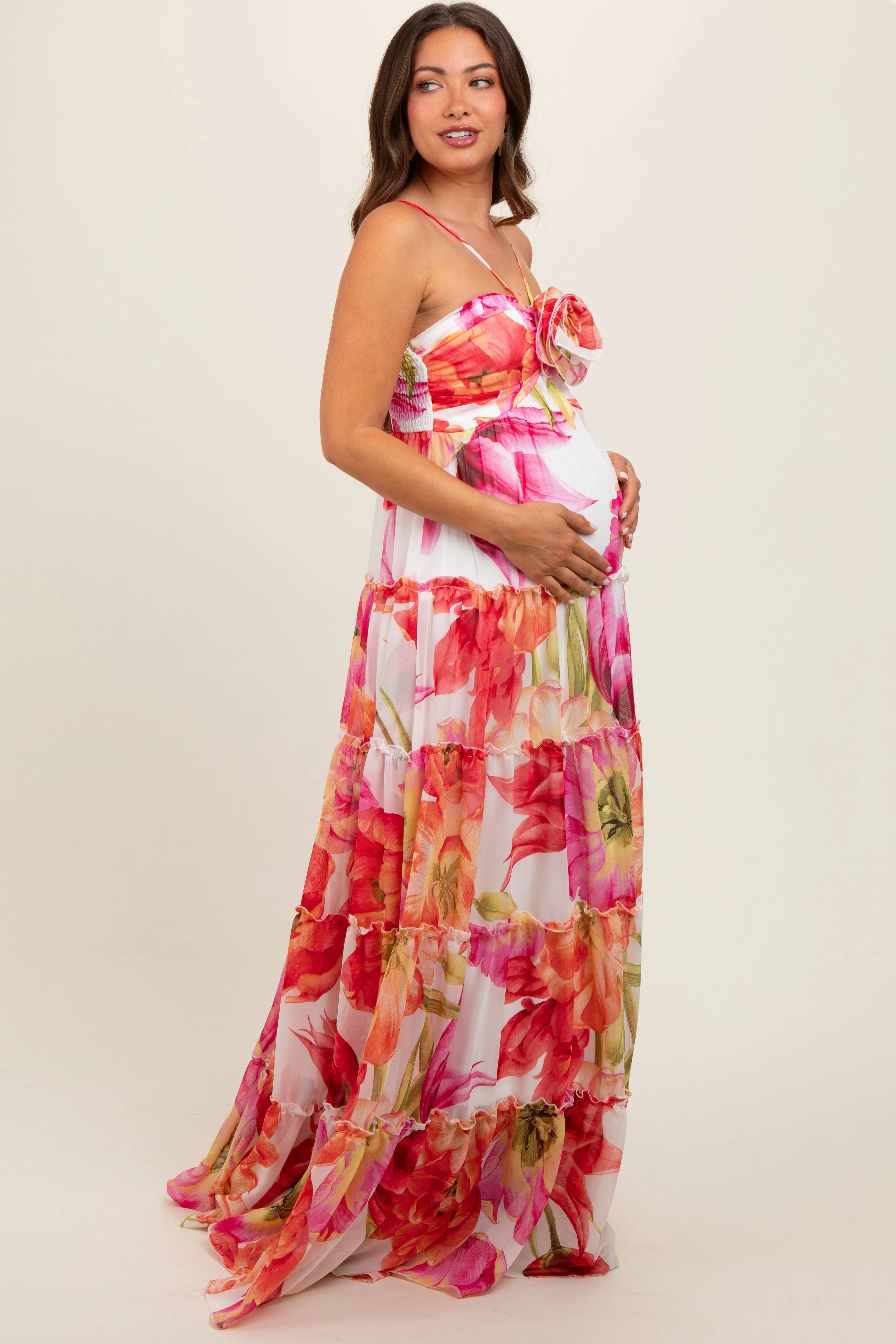 Pink Floral Top Accent Tiered Maternity Maxi Dress sold by Pinkblush product image thumbnail 3