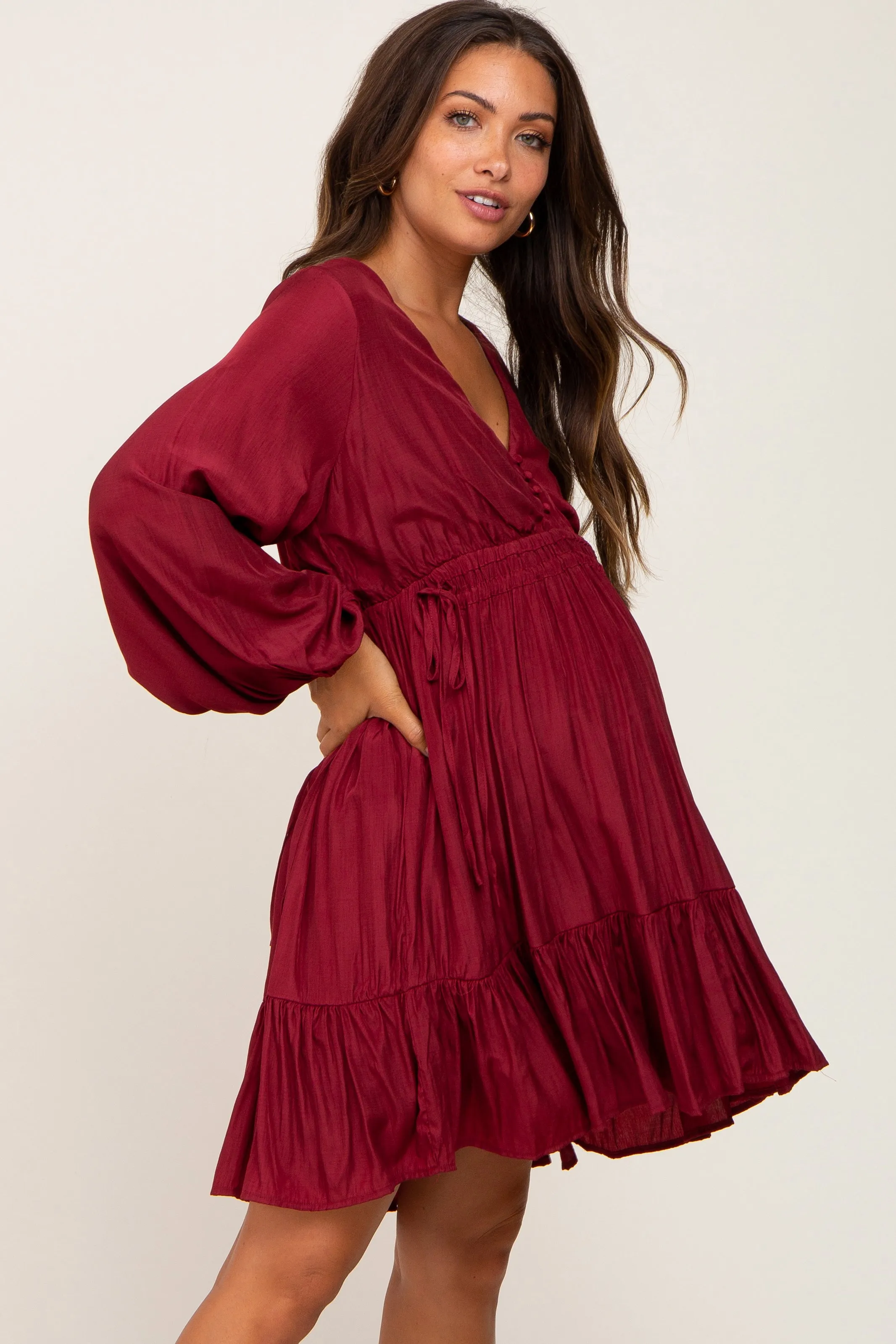 Burgundy V-Neck Cinched Maternity Dress sold by Pinkblush product image thumbnail 2