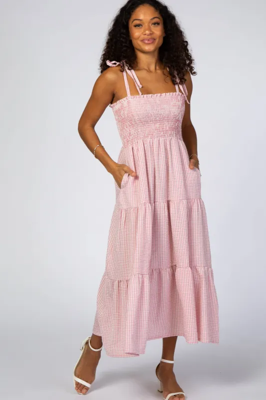 Pink Checkered Tiered Midi Dress sold by Pinkblush