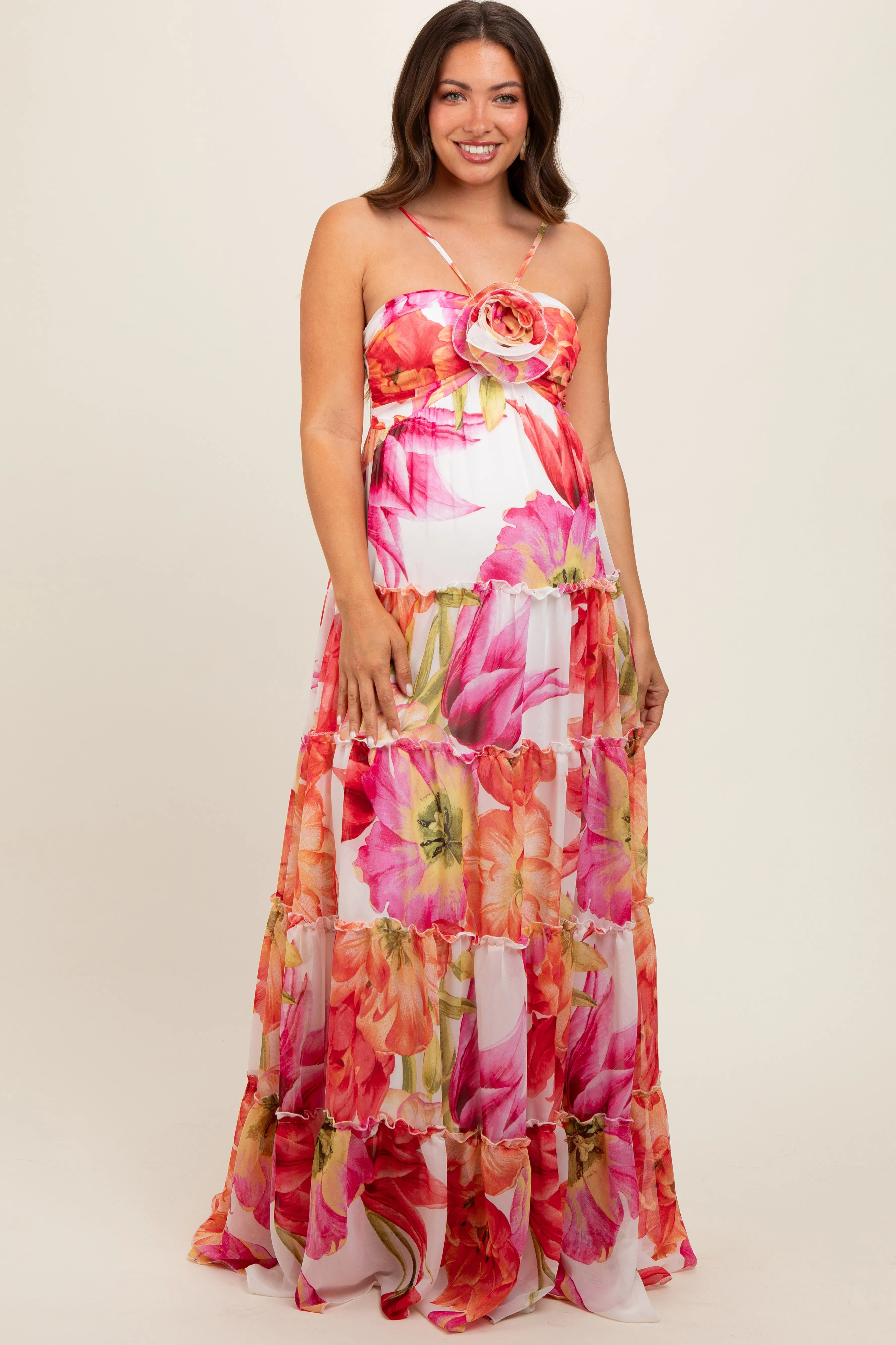 Pink Floral Top Accent Tiered Maternity Maxi Dress sold by Pinkblush