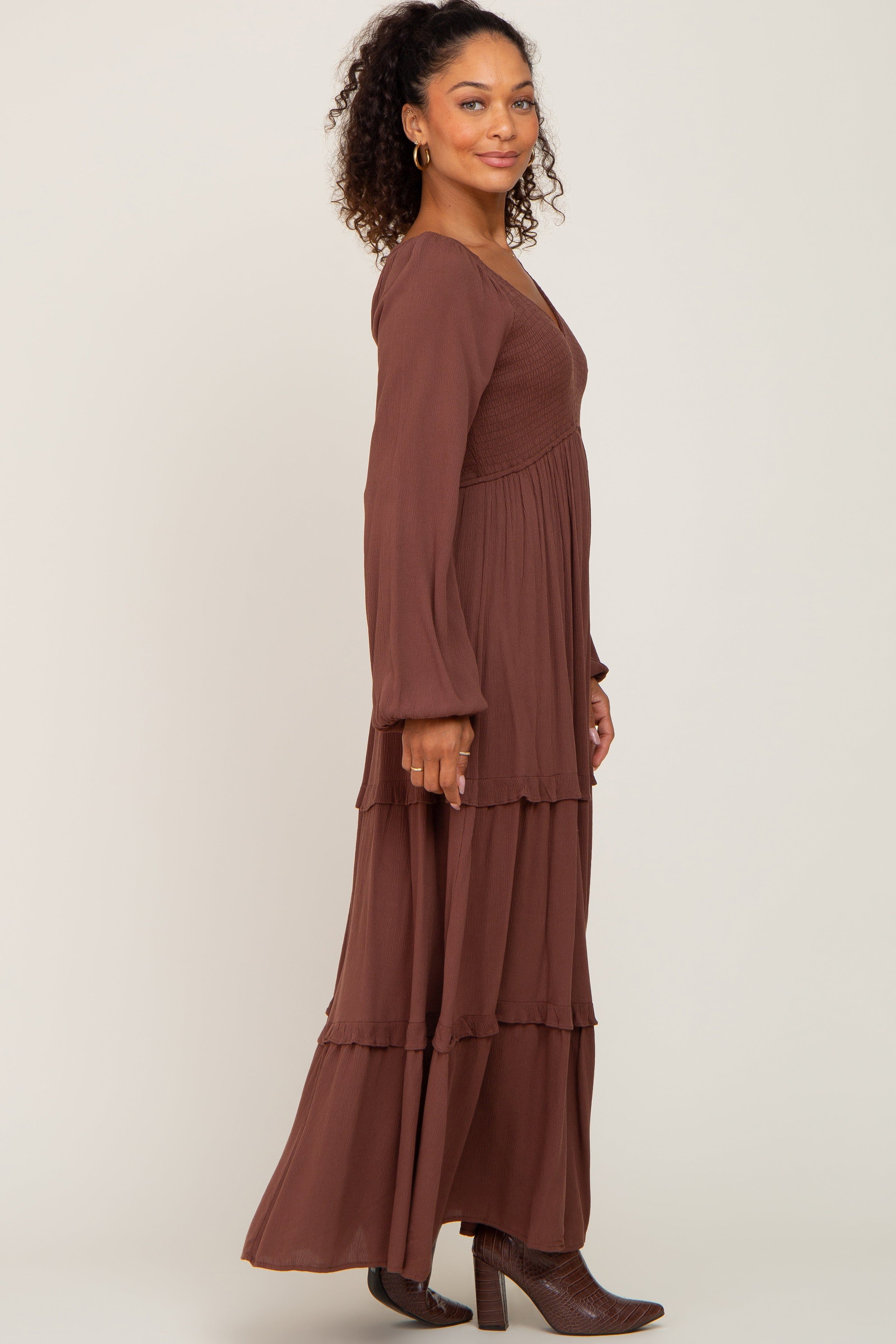 Mocha Smocked Tiered Midi Dress sold by Pinkblush product image thumbnail 2