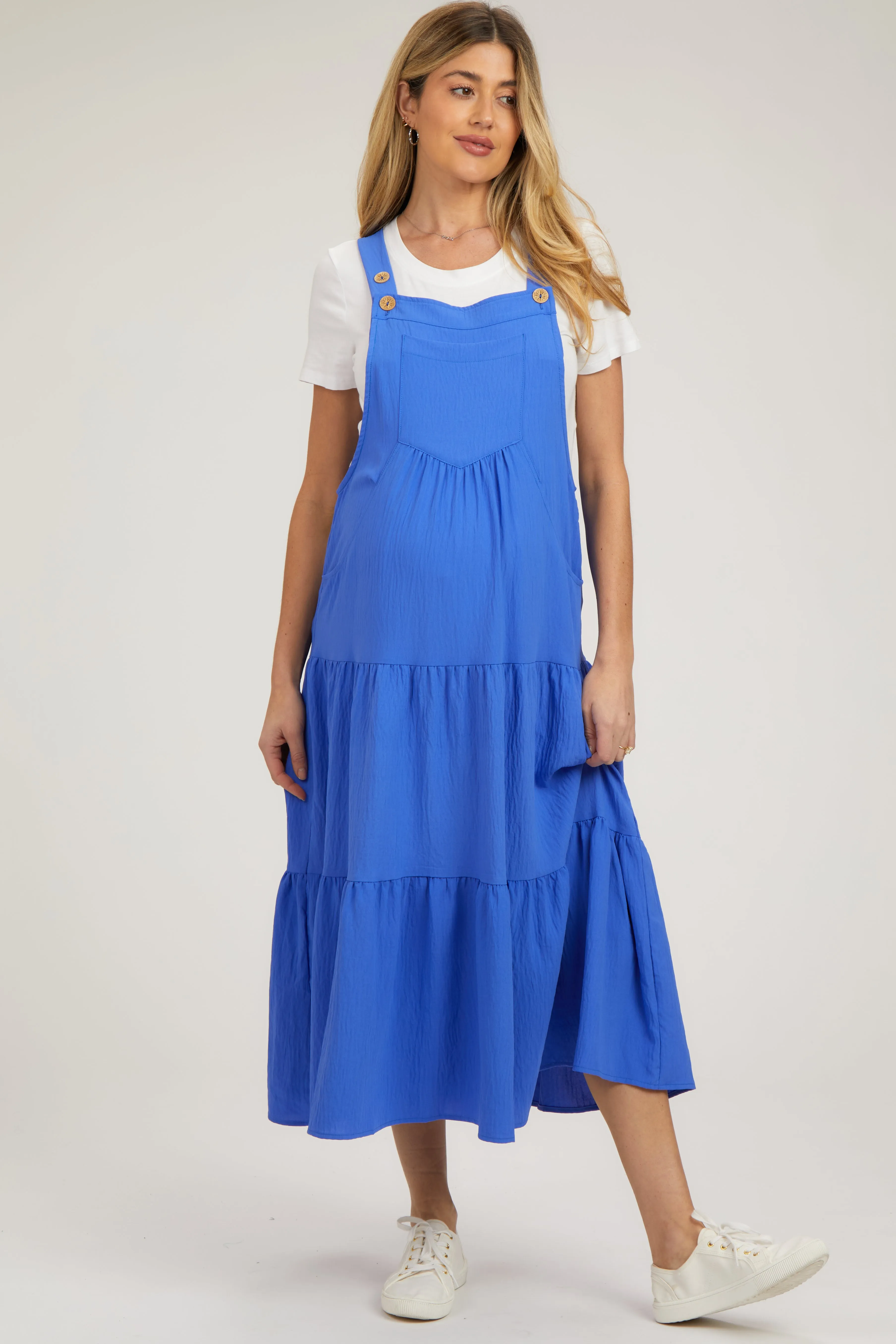Royal Button Sling Tiered Maternity Midi Dress sold by Pinkblush