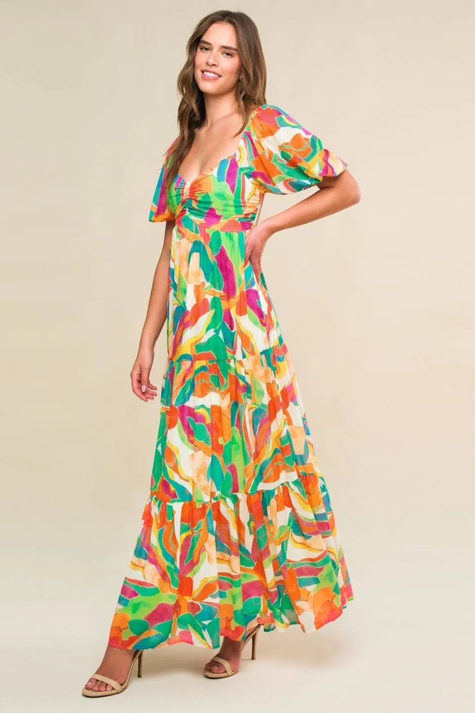 Ivory Orange Green Floral Maxi Dress sold by Pinkblush