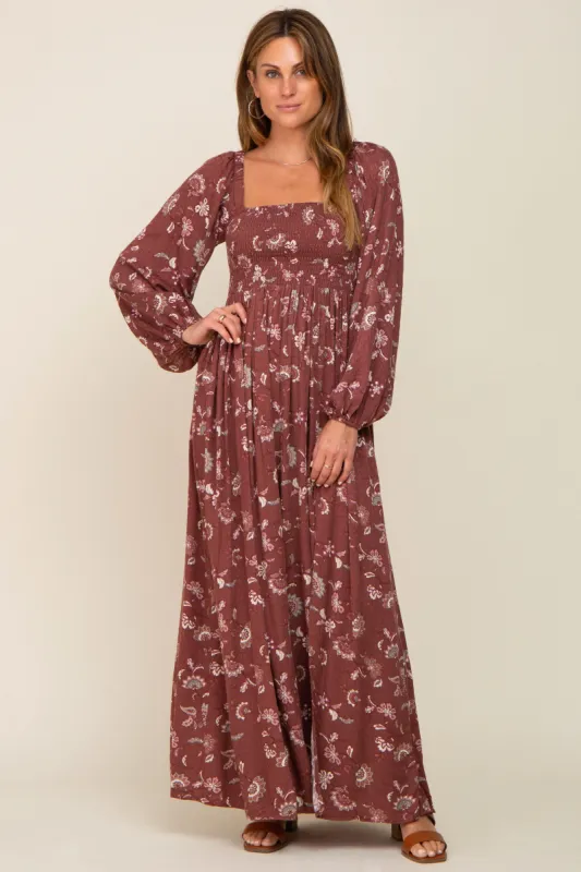 Burgundy Floral Smocked Side Slit Dress sold by Pinkblush