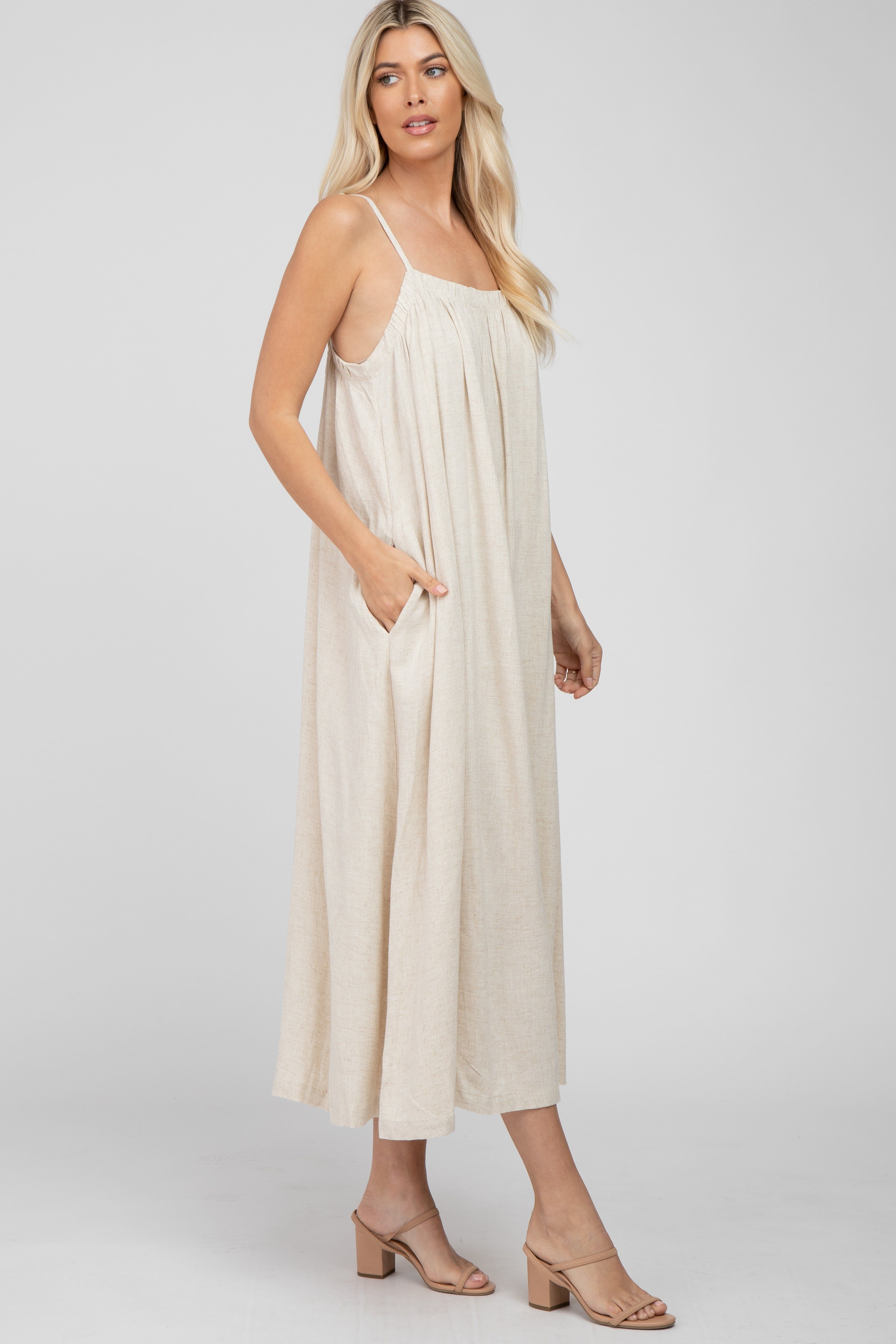 Beige Square Neck Linen Sleeveless Maxi Dress sold by Pinkblush product image thumbnail 2