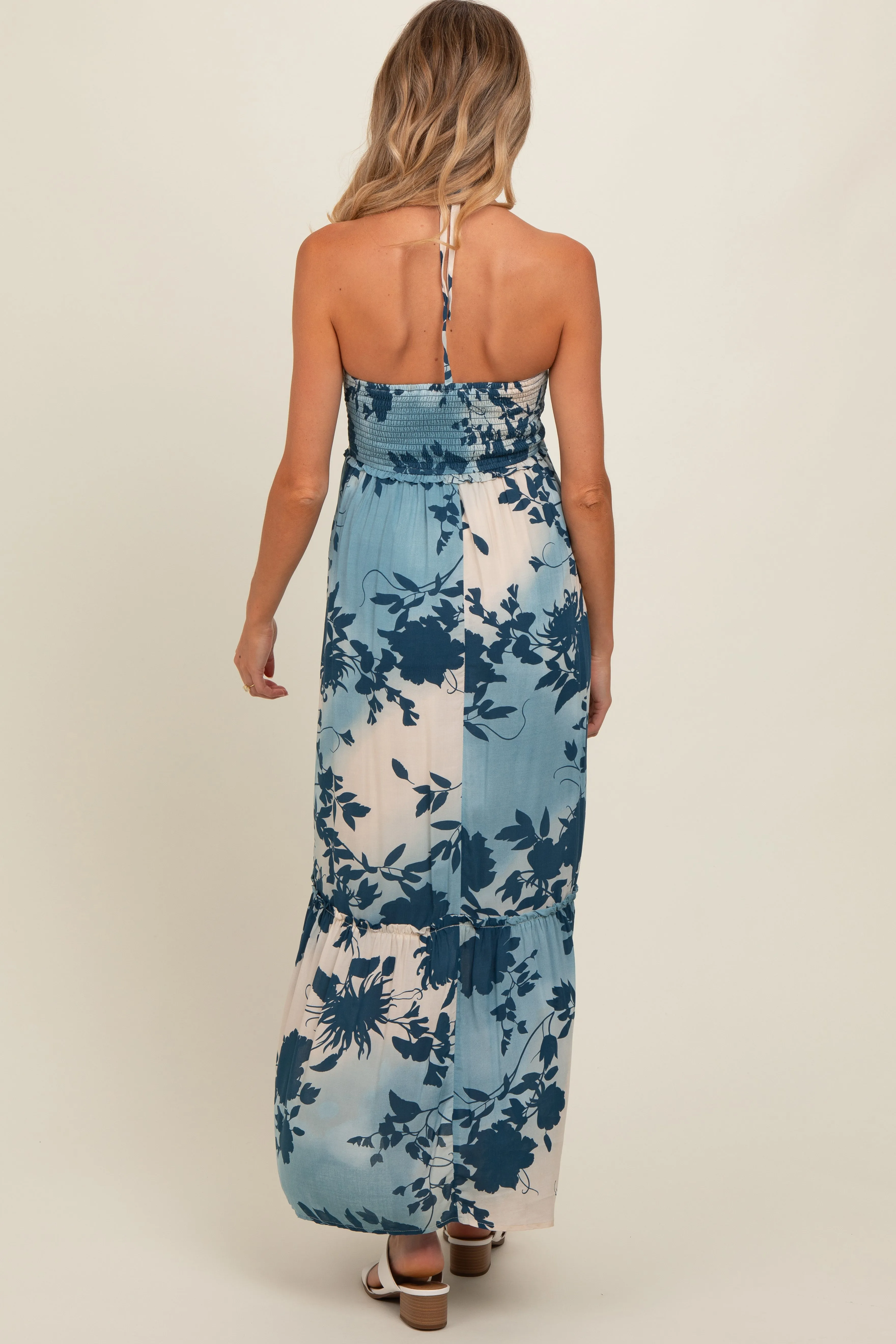 Blue Floral Smocked Halter Maternity Maxi Dress sold by Pinkblush product image thumbnail 4