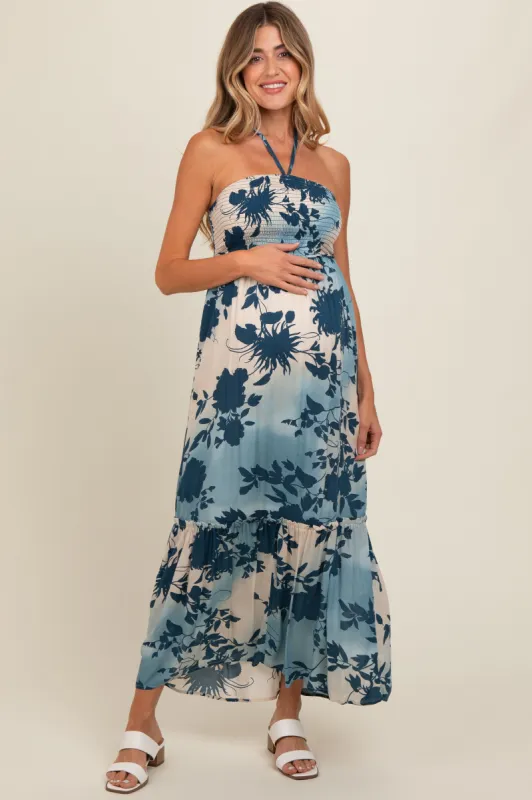 Blue Floral Smocked Halter Maternity Maxi Dress sold by Pinkblush