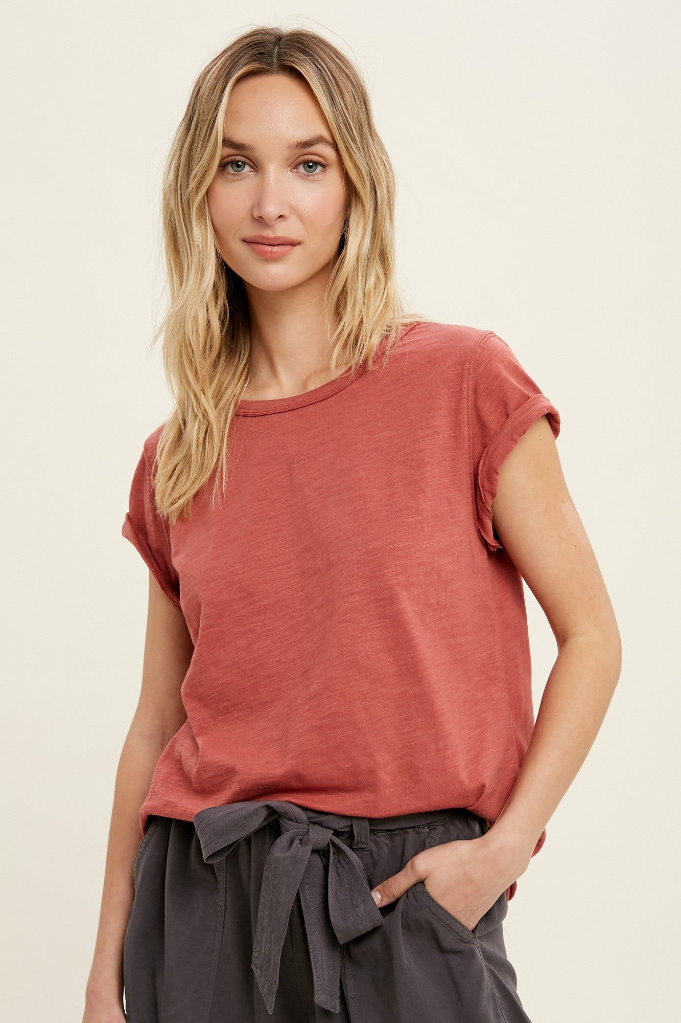 Rust Cuffed Sleeve Top sold by Pinkblush