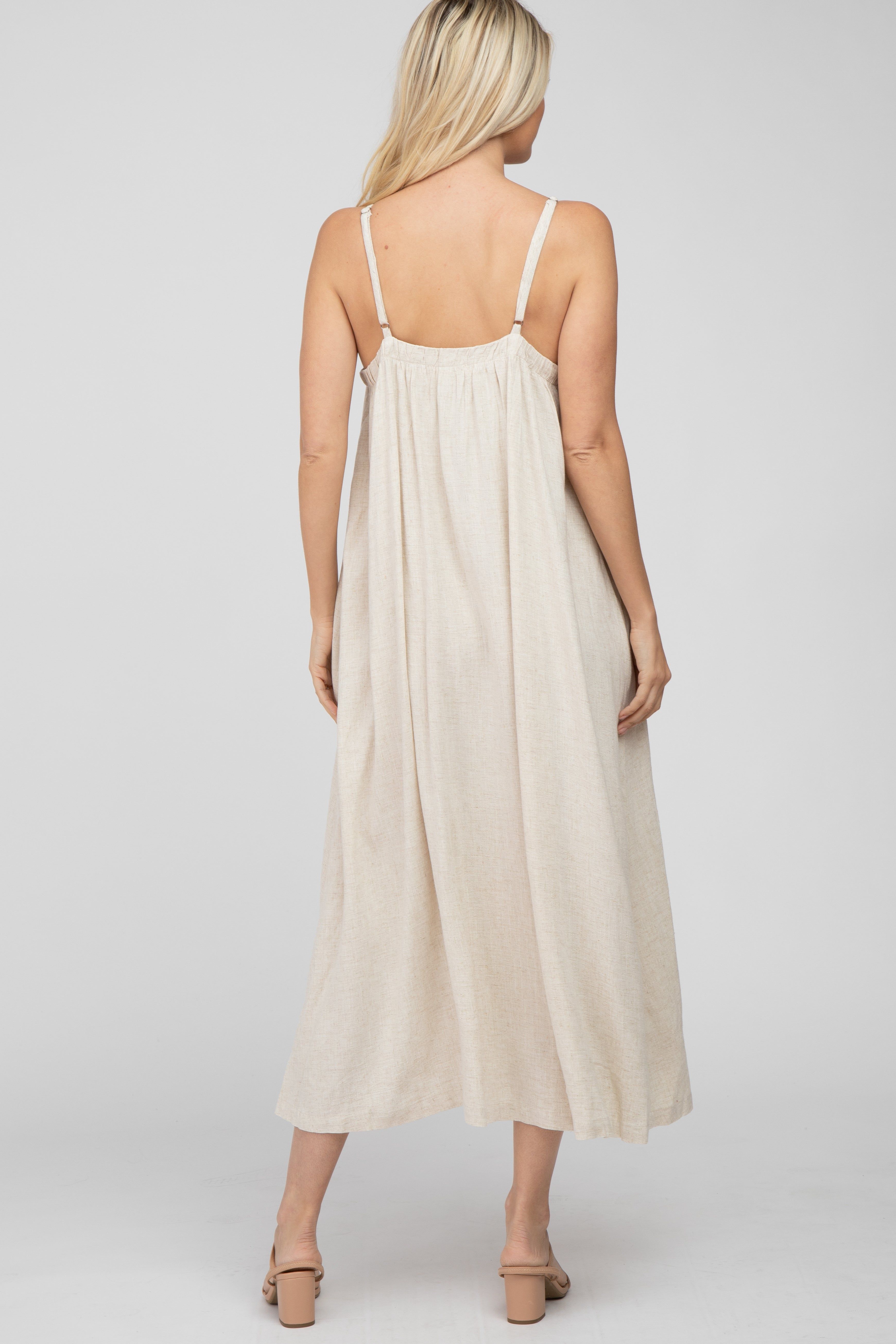Beige Square Neck Linen Sleeveless Maxi Dress sold by Pinkblush product image thumbnail 3