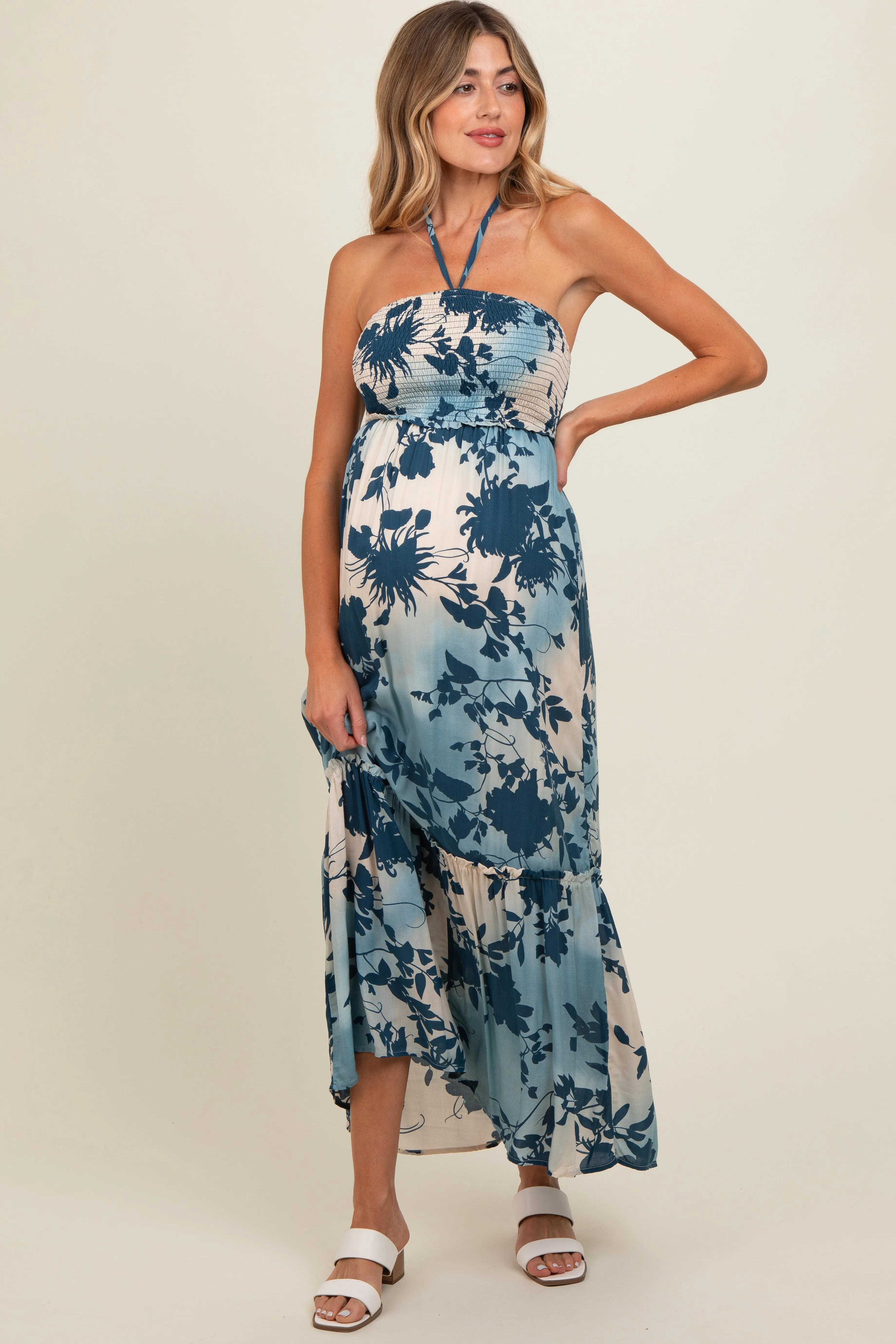 Blue Floral Smocked Halter Maternity Maxi Dress sold by Pinkblush product image thumbnail 2