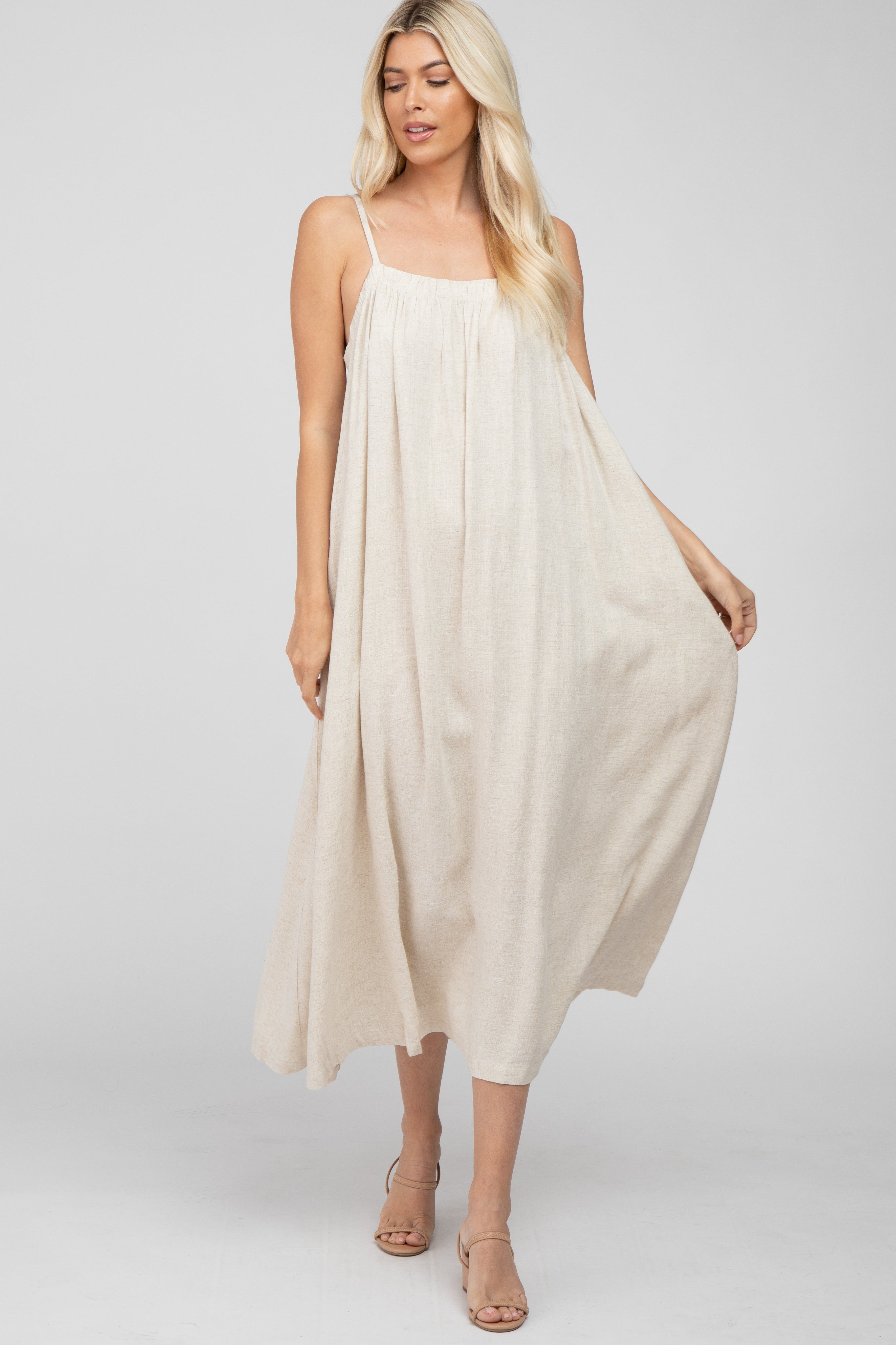 Beige Square Neck Linen Sleeveless Maxi Dress sold by Pinkblush