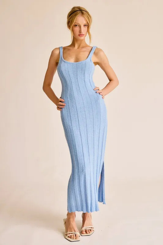 Light Blue Rib Knit Side Slit Maxi Dress sold by Pinkblush