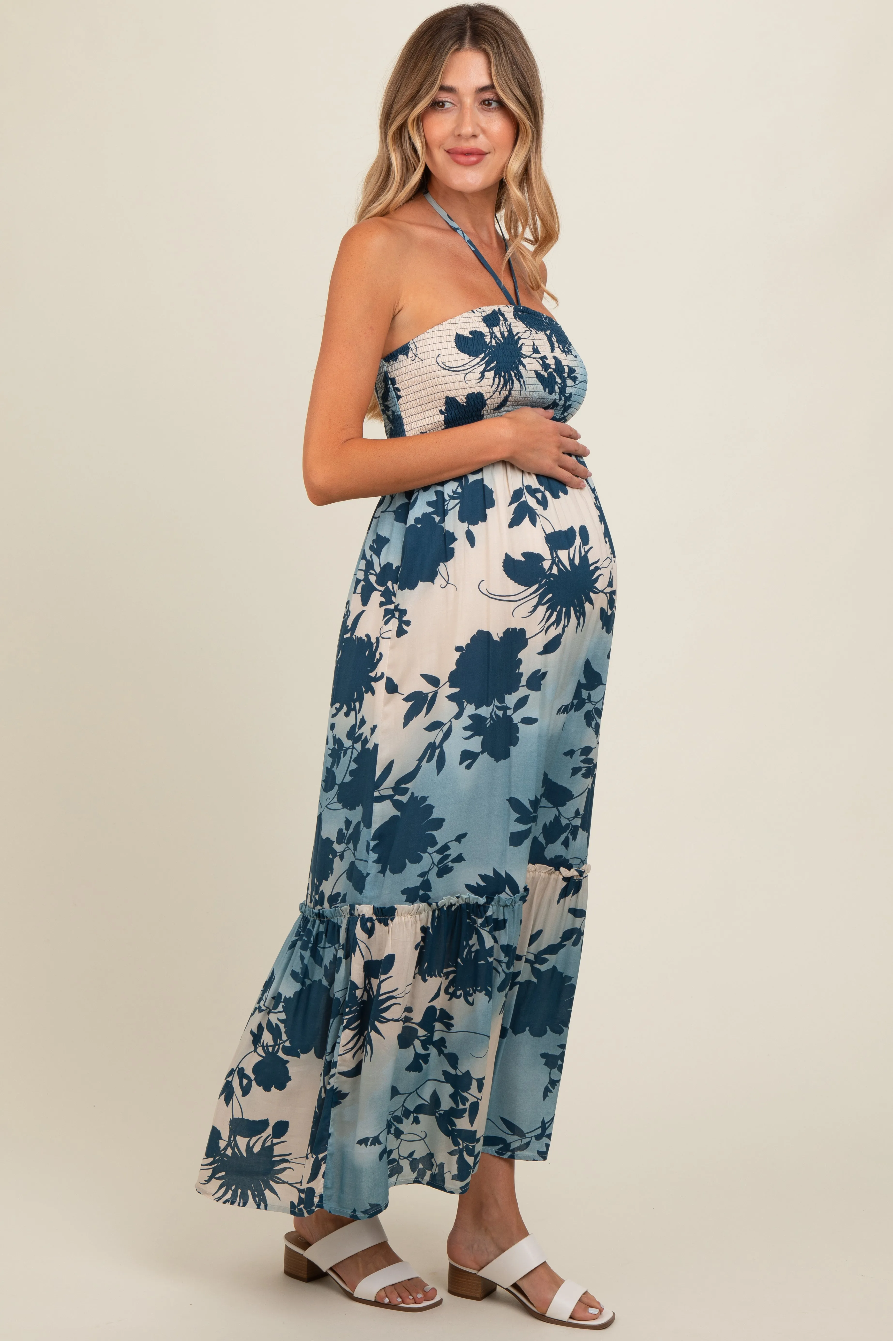 Blue Floral Smocked Halter Maternity Maxi Dress sold by Pinkblush product image thumbnail 3