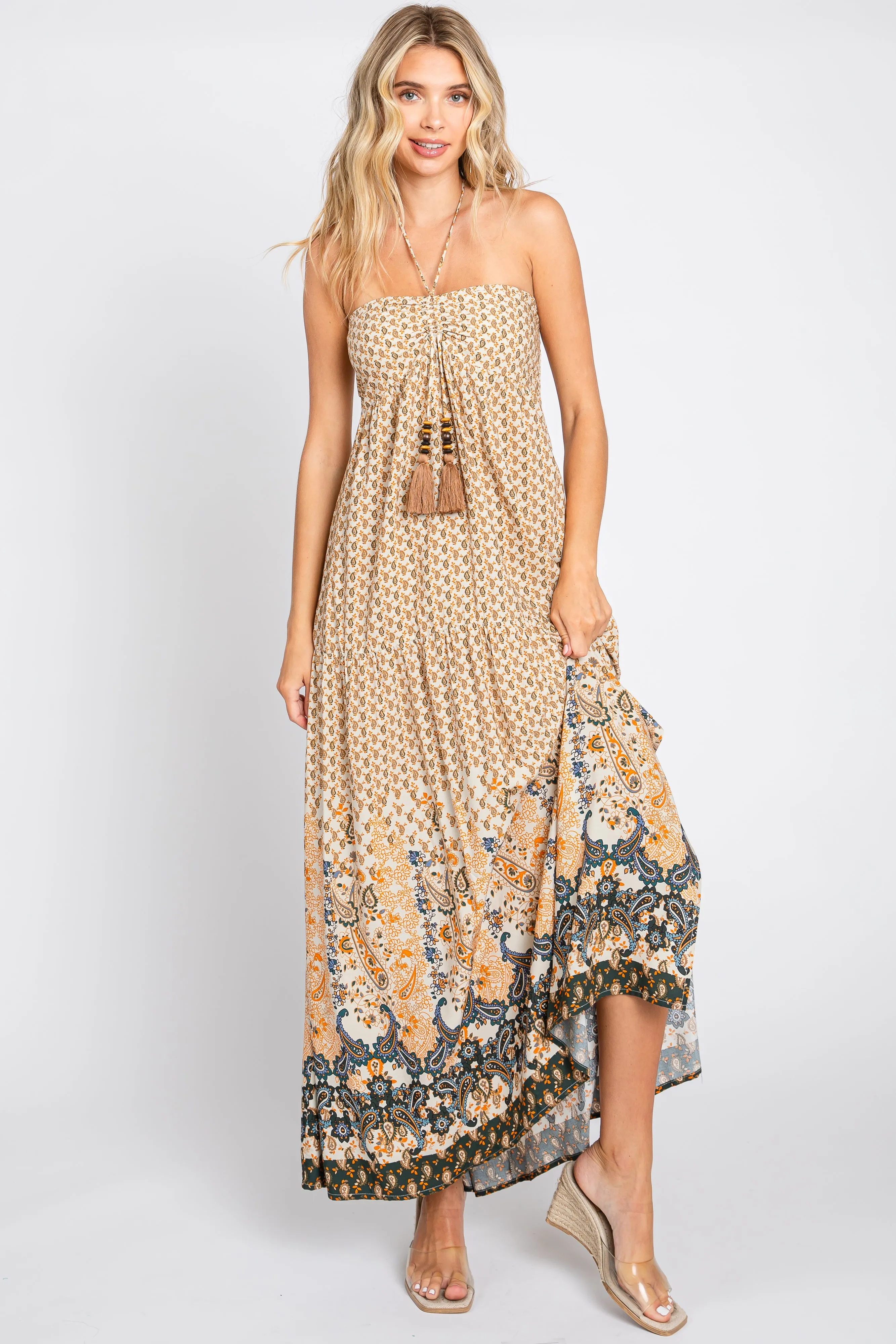 Beige Floral Paisley Halter Maxi Dress sold by Pinkblush