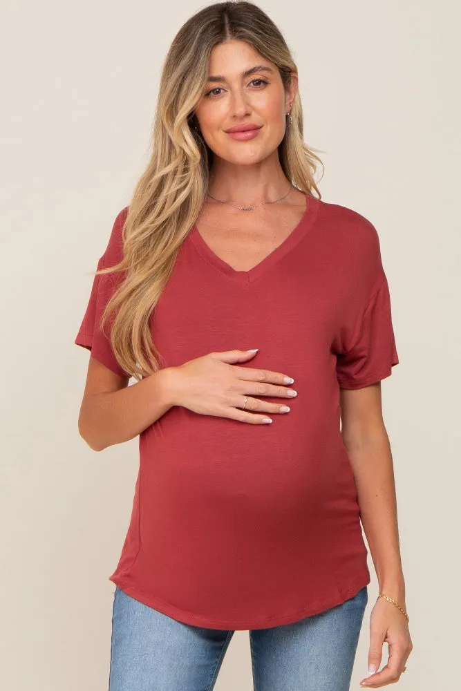 Red V-Neck Basic Maternity Top sold by Pinkblush