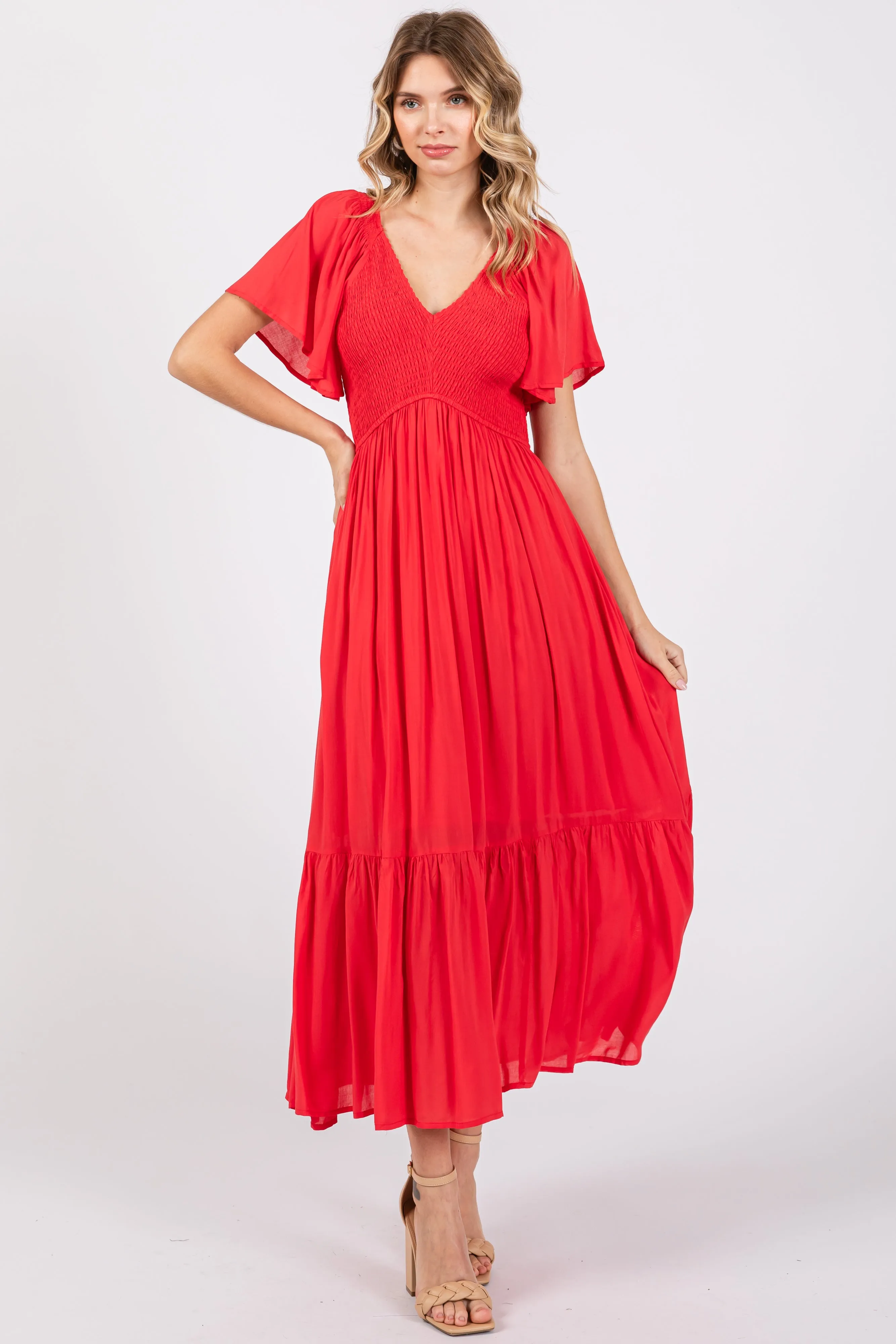 Red Smocked Flutter Sleeve Midi Dress sold by Pinkblush