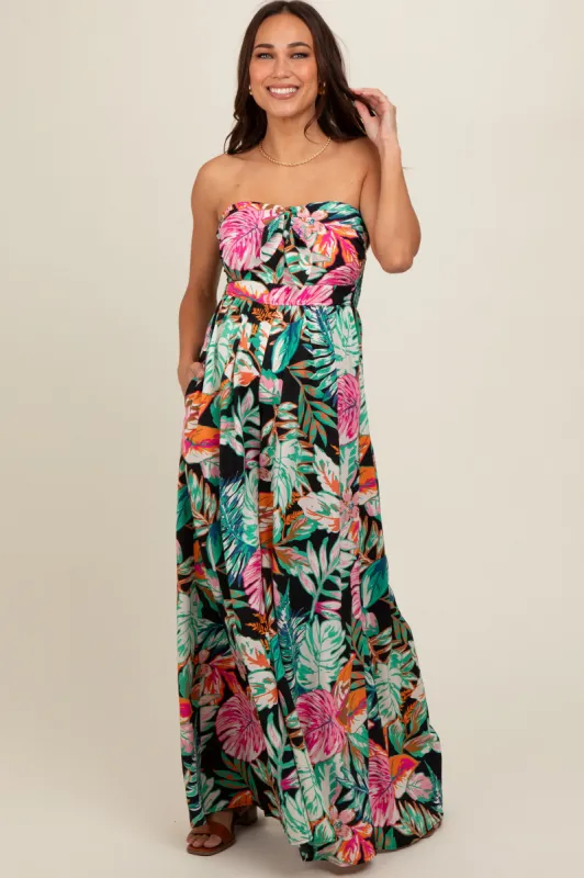 Black Floral Strapless Front Tie Maternity Jumpsuit sold by Pinkblush