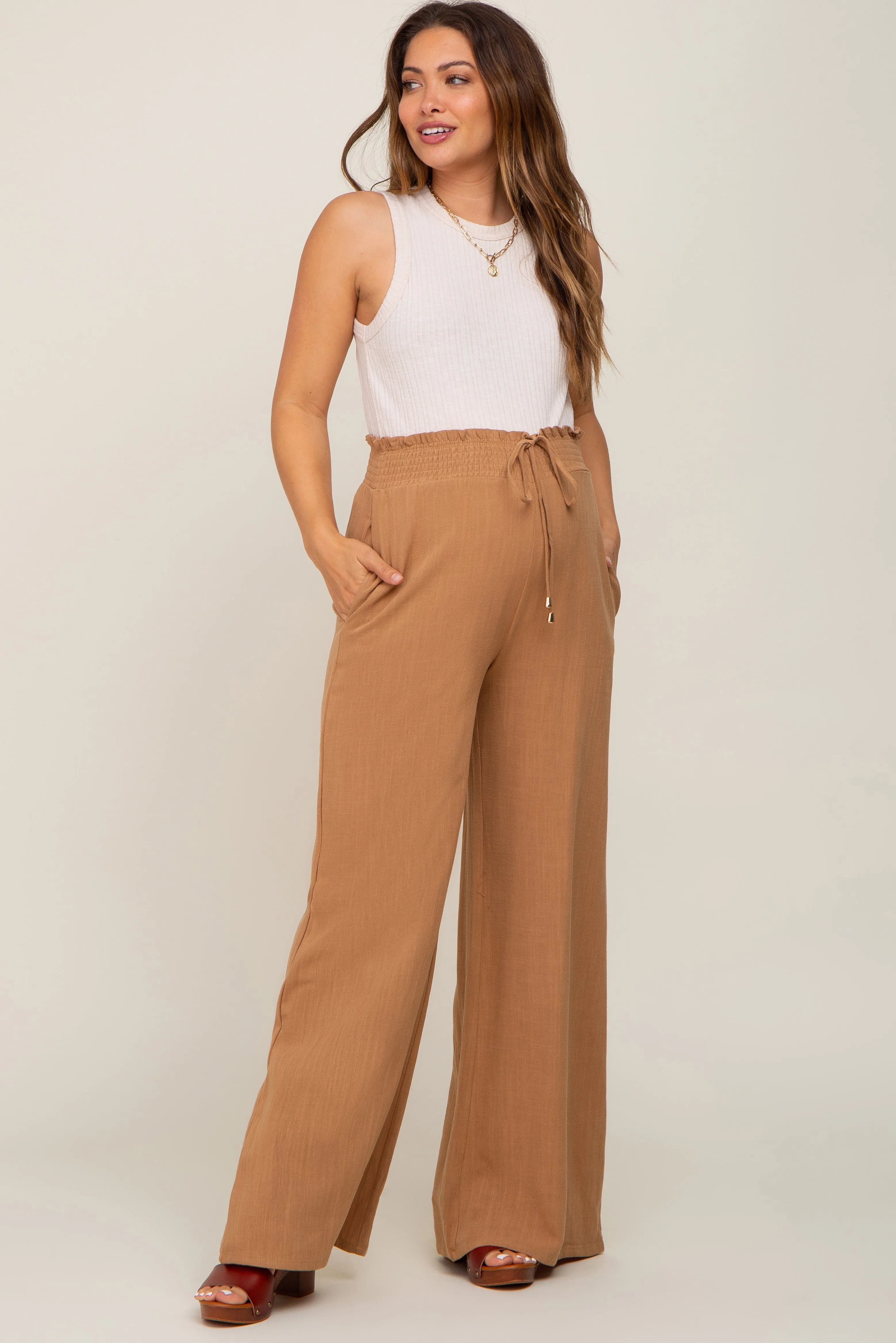 Camel Smocked Waist Wide Leg Linen Maternity Pants sold by Pinkblush
