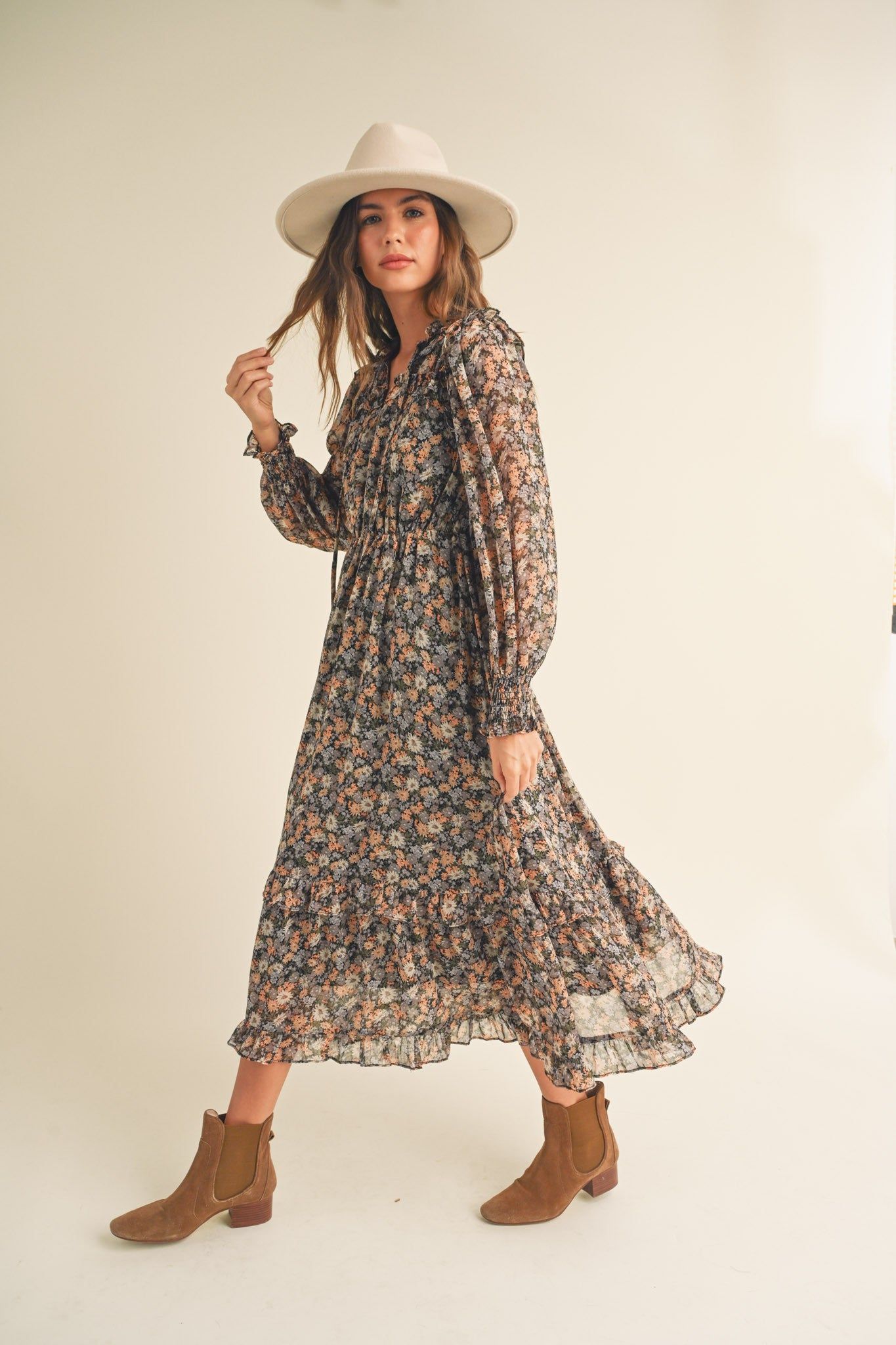 Black Multi Floral Ruffled Midi Dress sold by Pinkblush product image thumbnail 2