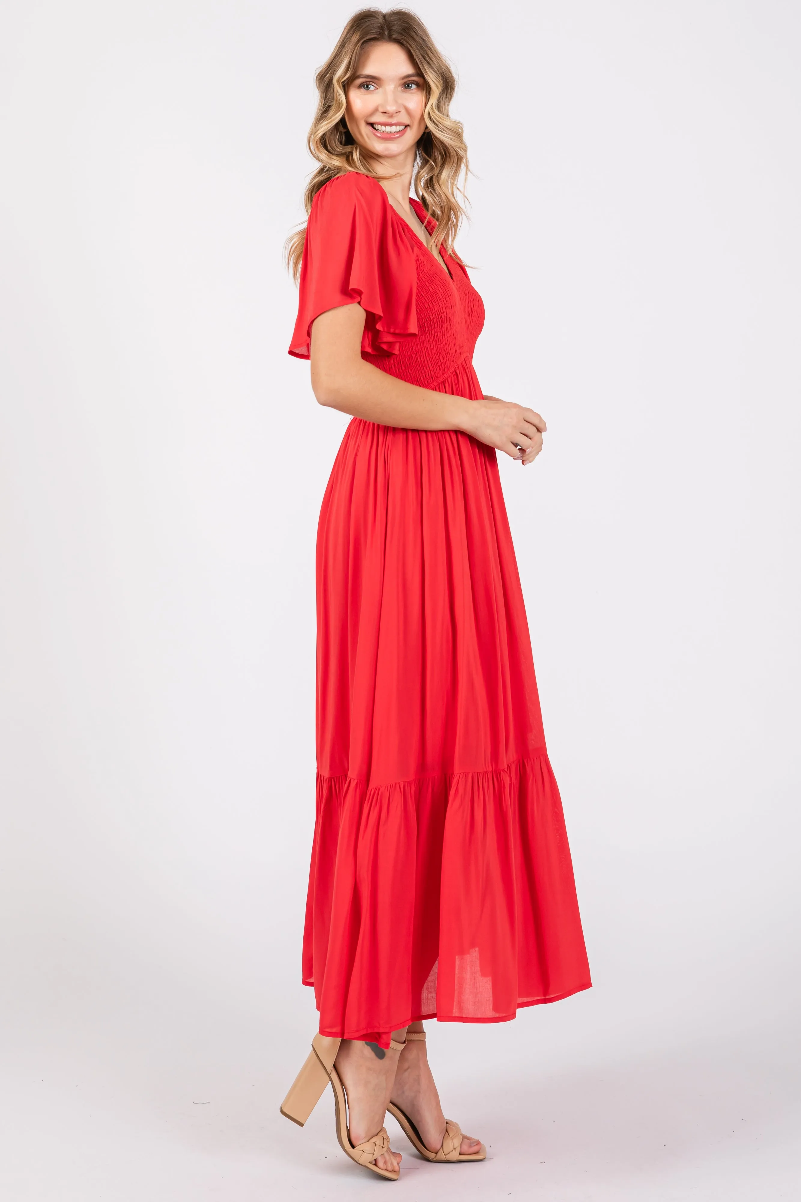 Red Smocked Flutter Sleeve Midi Dress sold by Pinkblush product image thumbnail 2