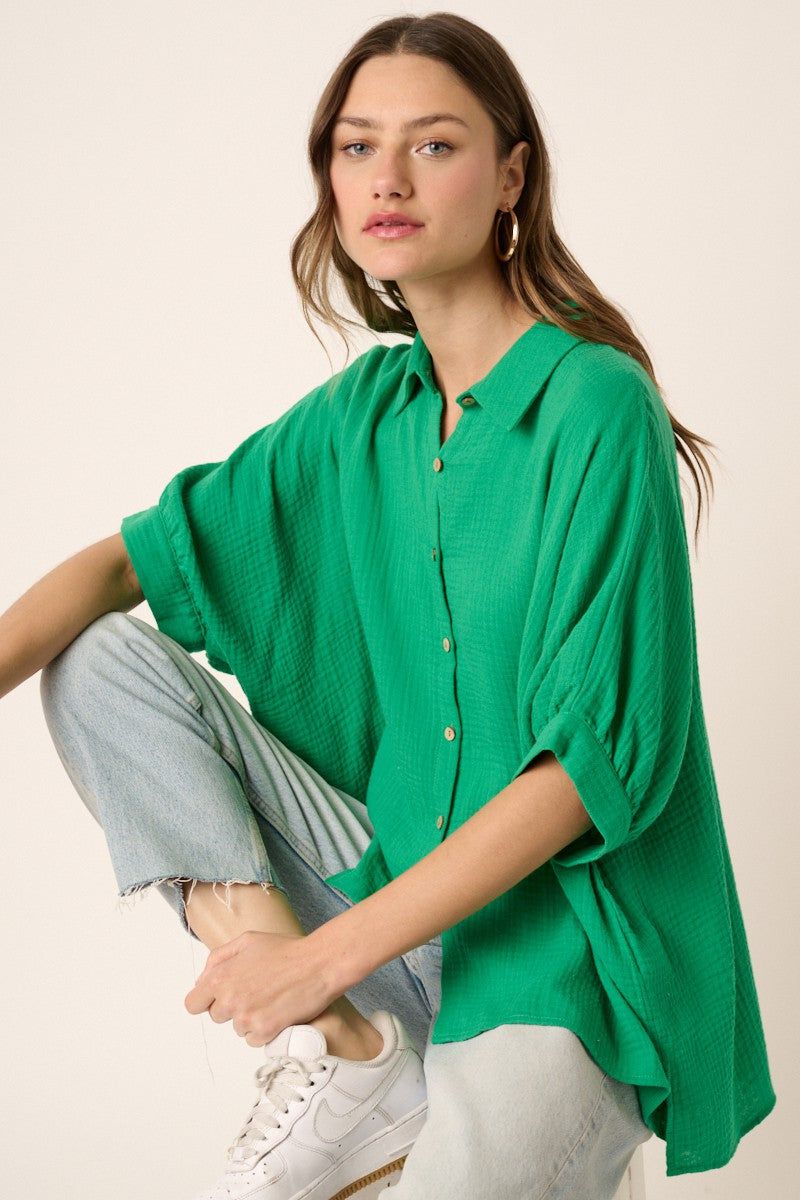 Green Button Down Collared Top sold by Pinkblush