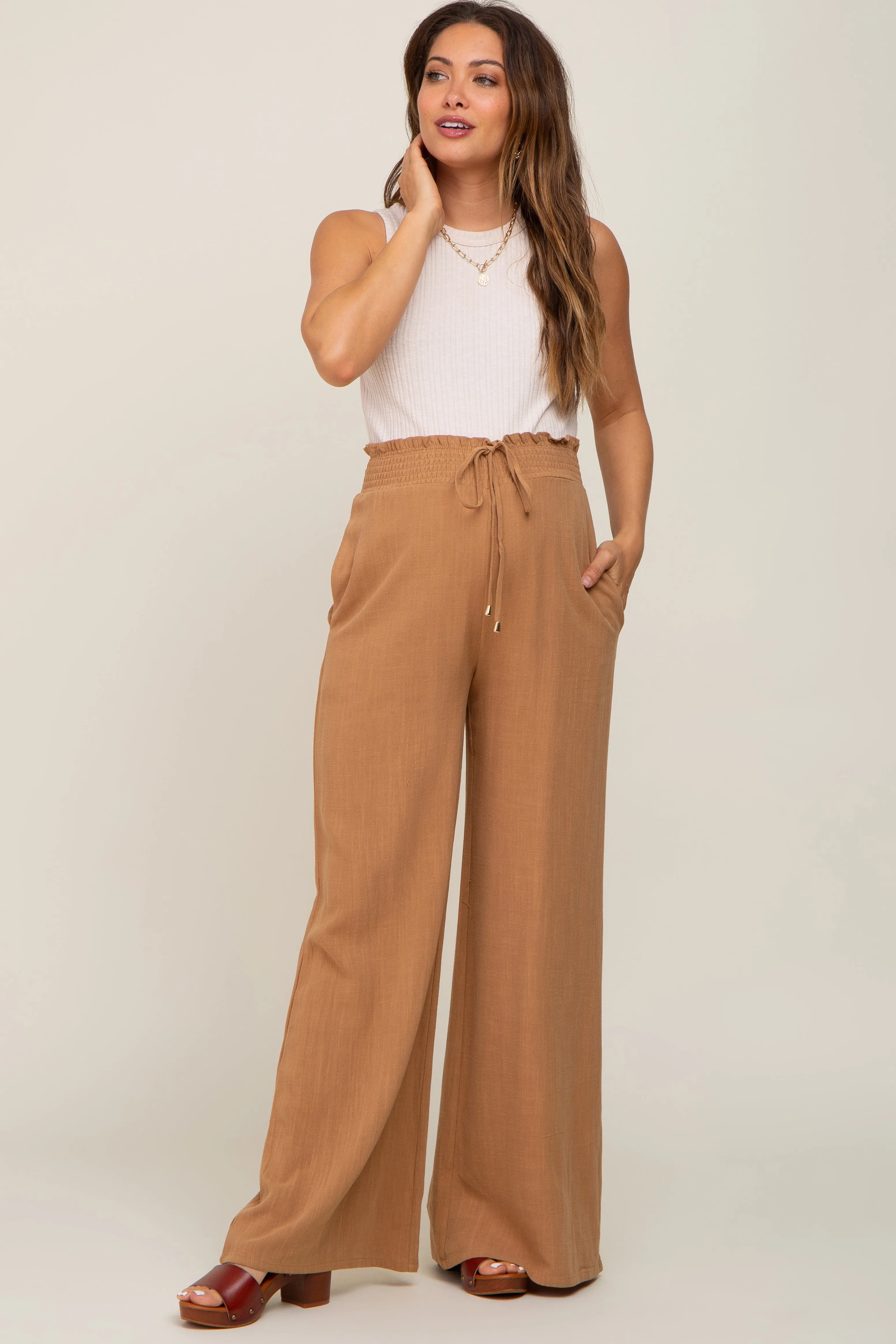 Camel Smocked Waist Wide Leg Linen Maternity Pants sold by Pinkblush product image thumbnail 5