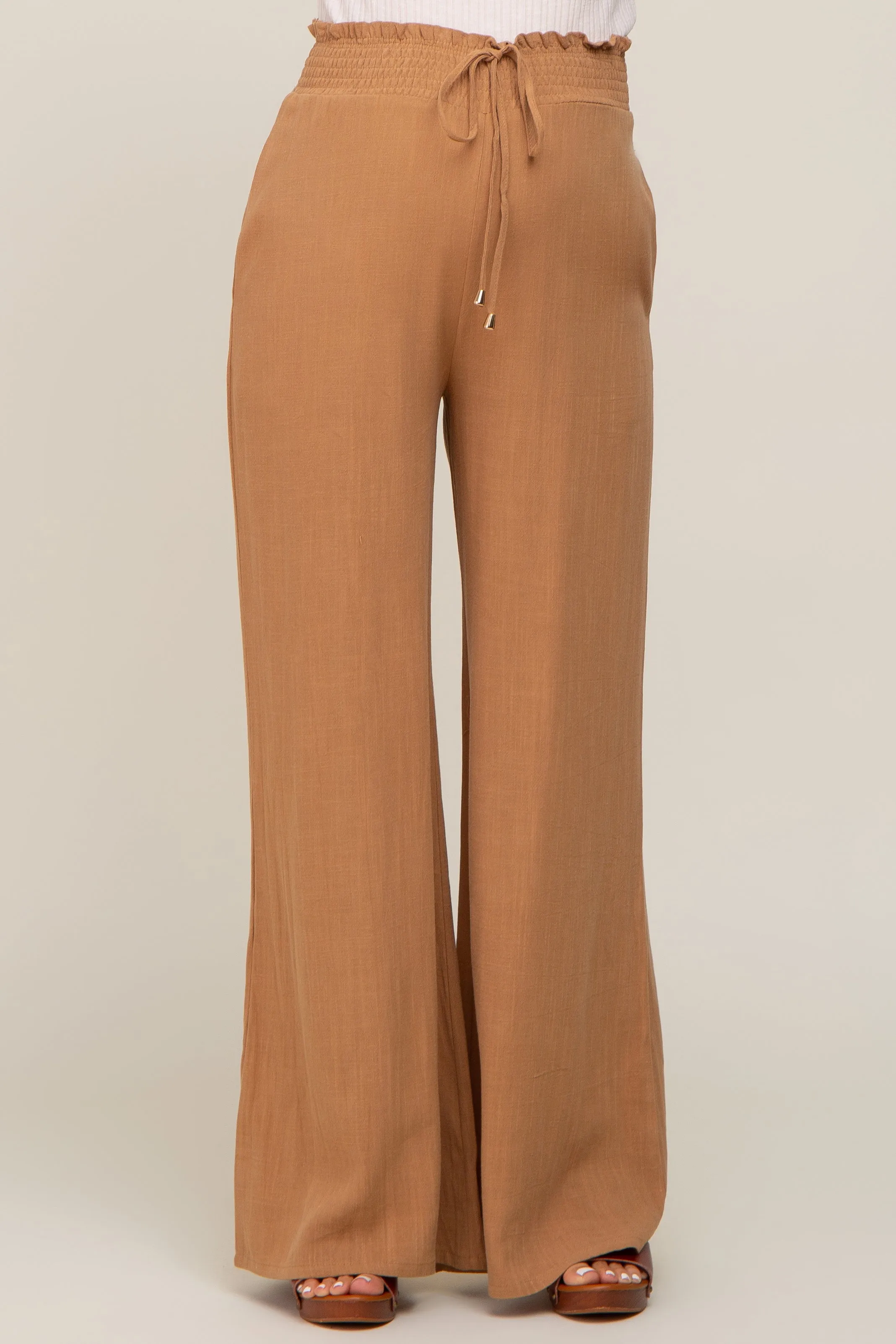 Camel Smocked Waist Wide Leg Linen Maternity Pants sold by Pinkblush product image thumbnail 2
