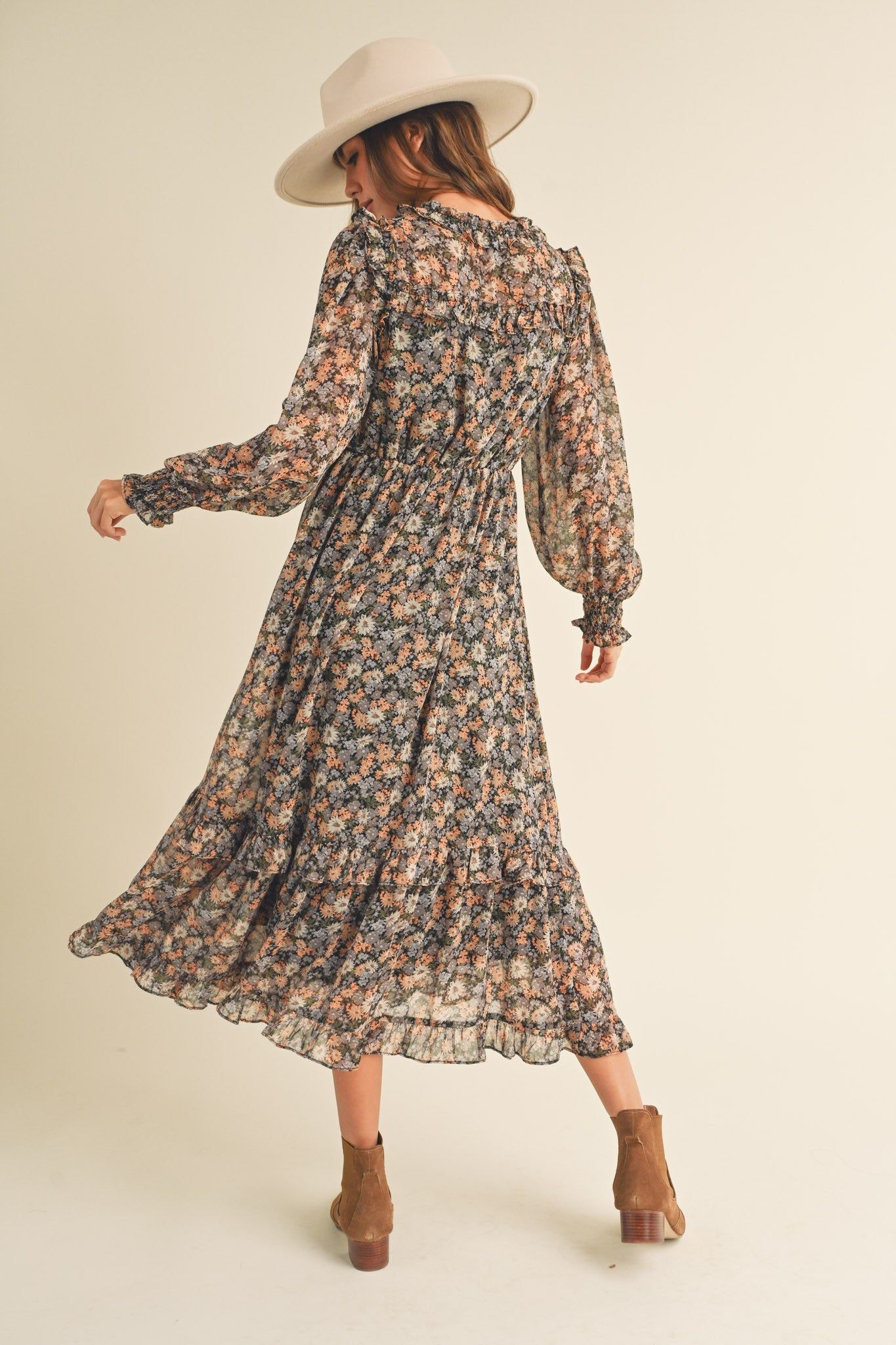 Black Multi Floral Ruffled Midi Dress sold by Pinkblush product image thumbnail 3