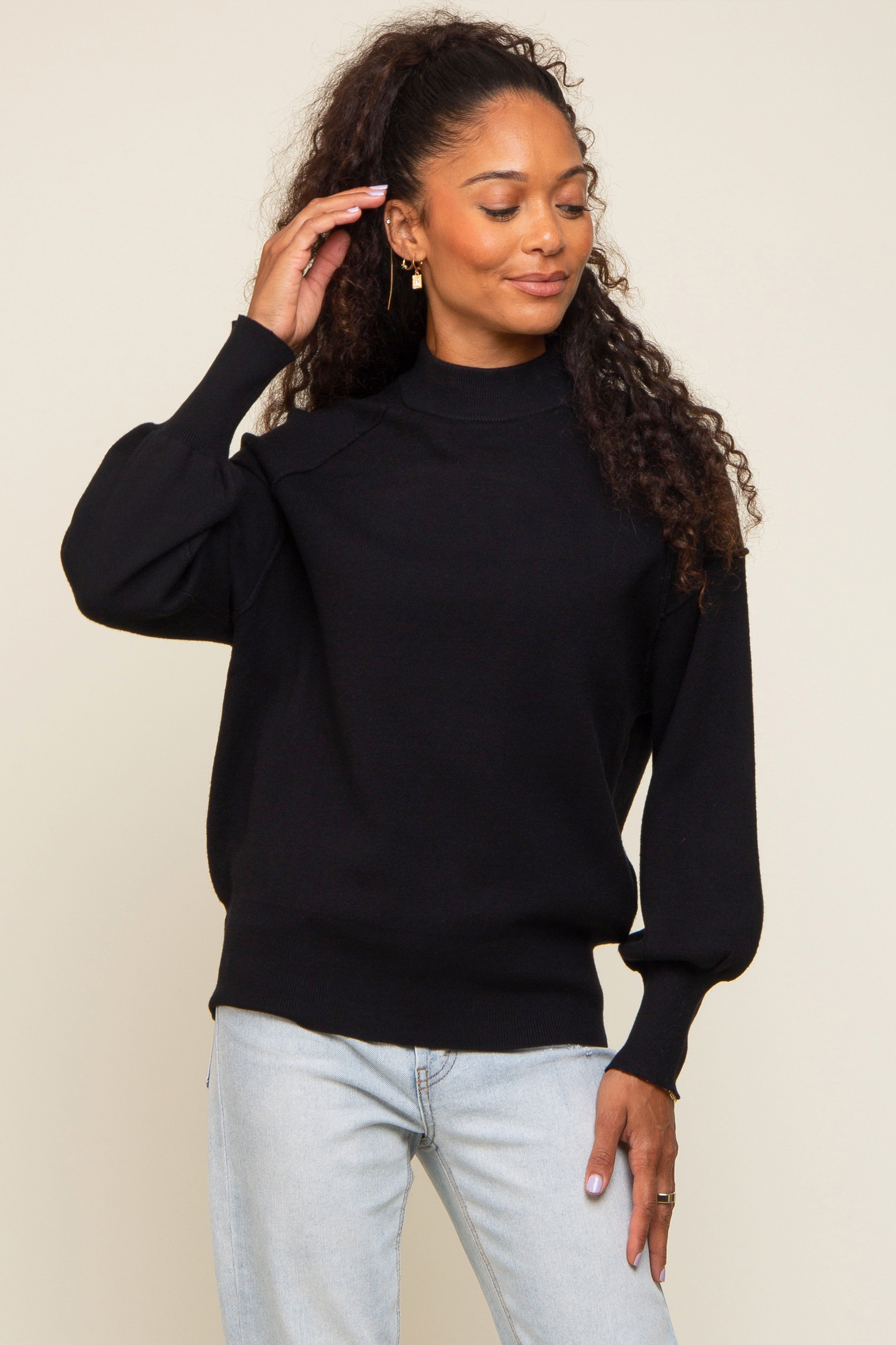 Black Knit Long Sleeve Mock Neck Top sold by Pinkblush