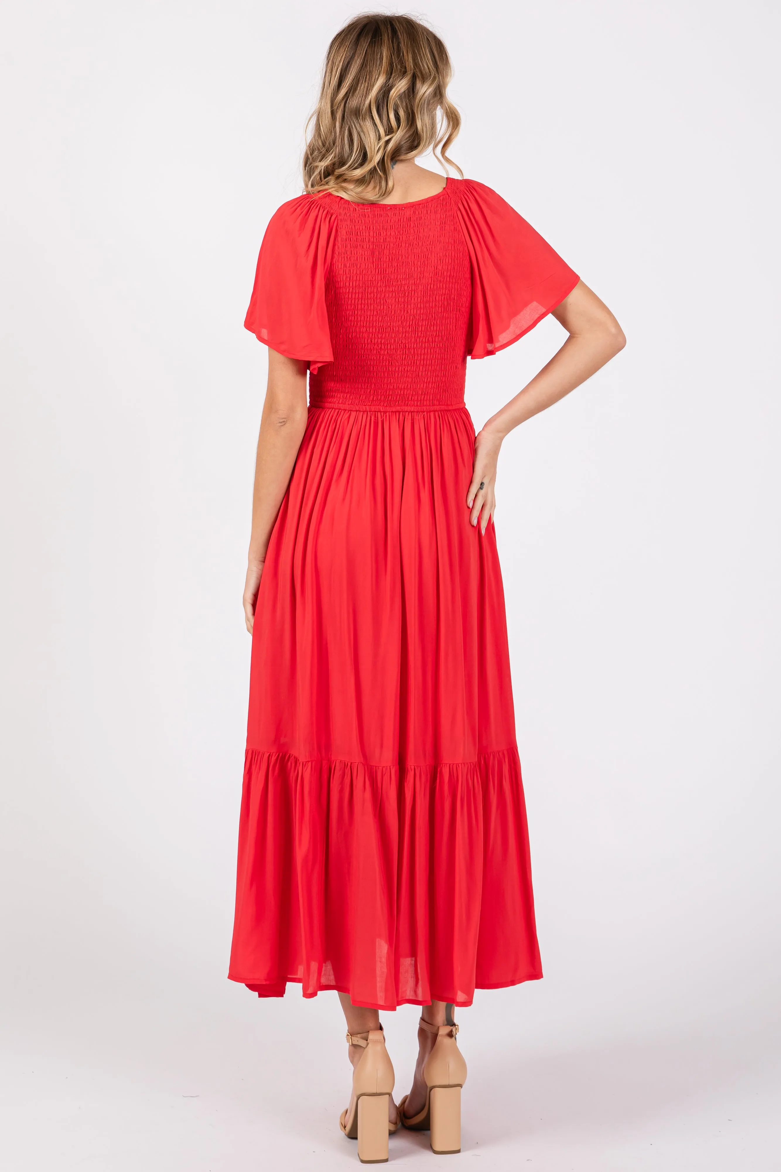 Red Smocked Flutter Sleeve Midi Dress sold by Pinkblush product image thumbnail 3