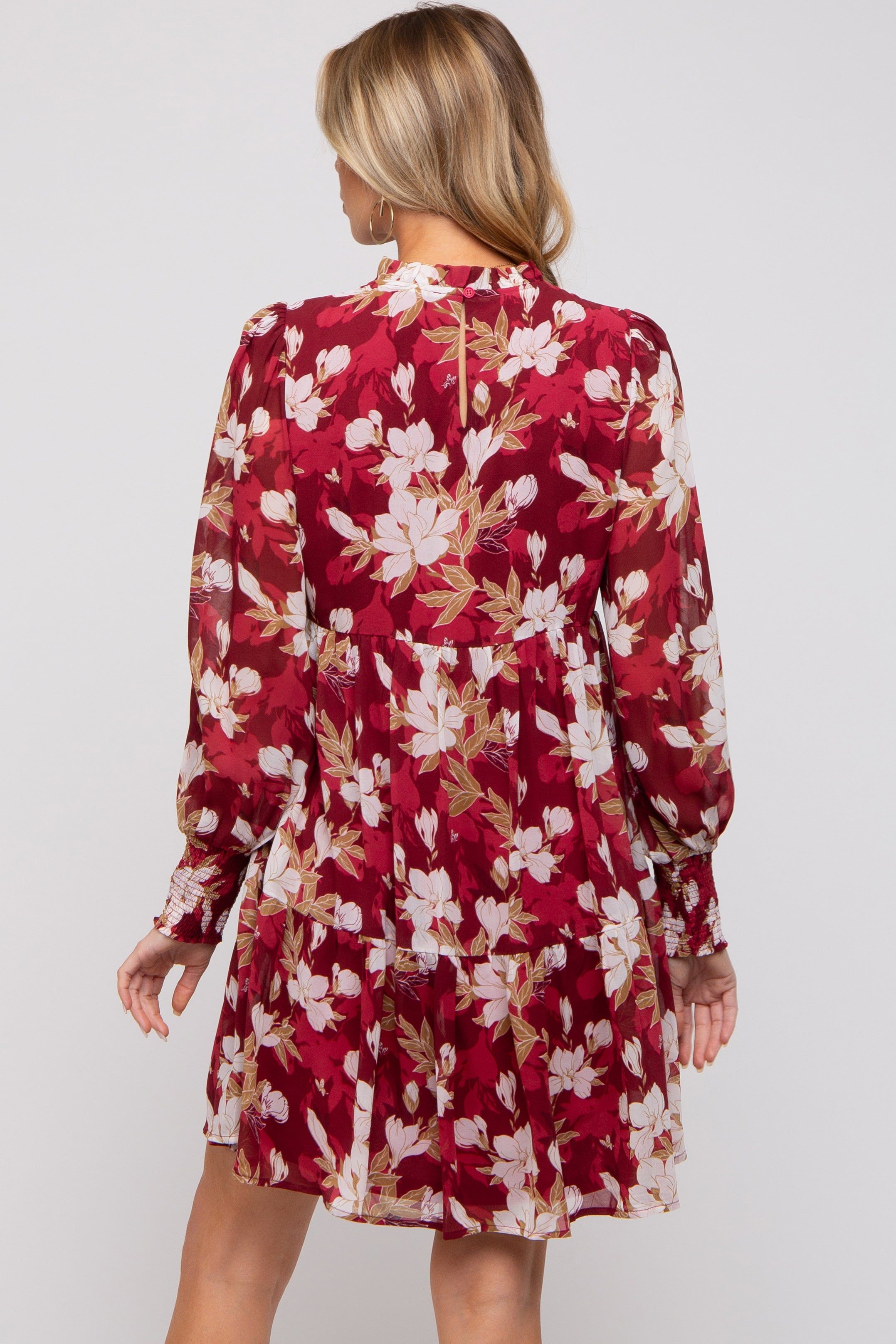 Burgundy Floral Chiffon Ruffle Mock Neck Tiered Maternity Dress sold by Pinkblush product image thumbnail 2