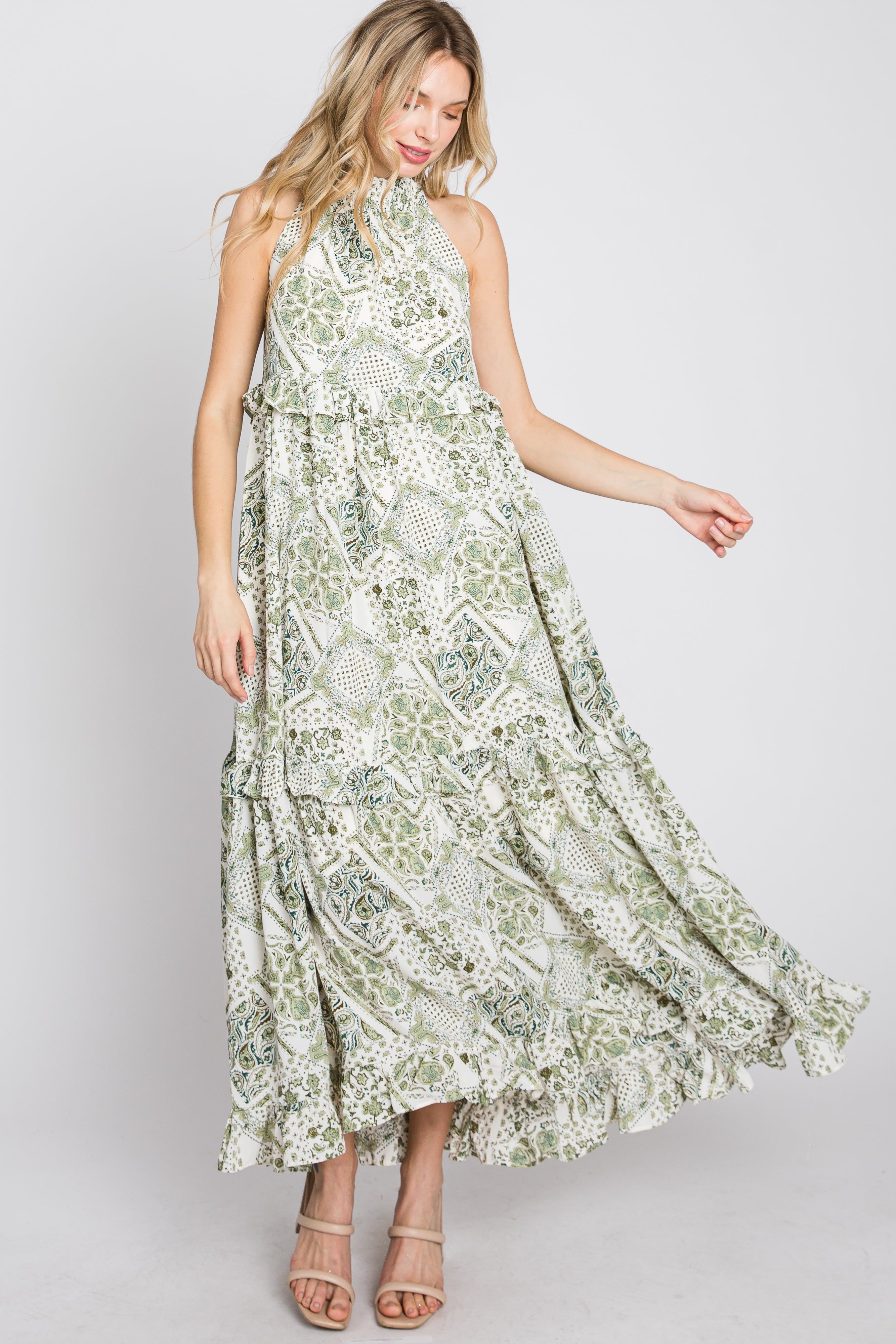 Green Floral Paisley Print Tiered Maxi Dress sold by Pinkblush product image thumbnail 9