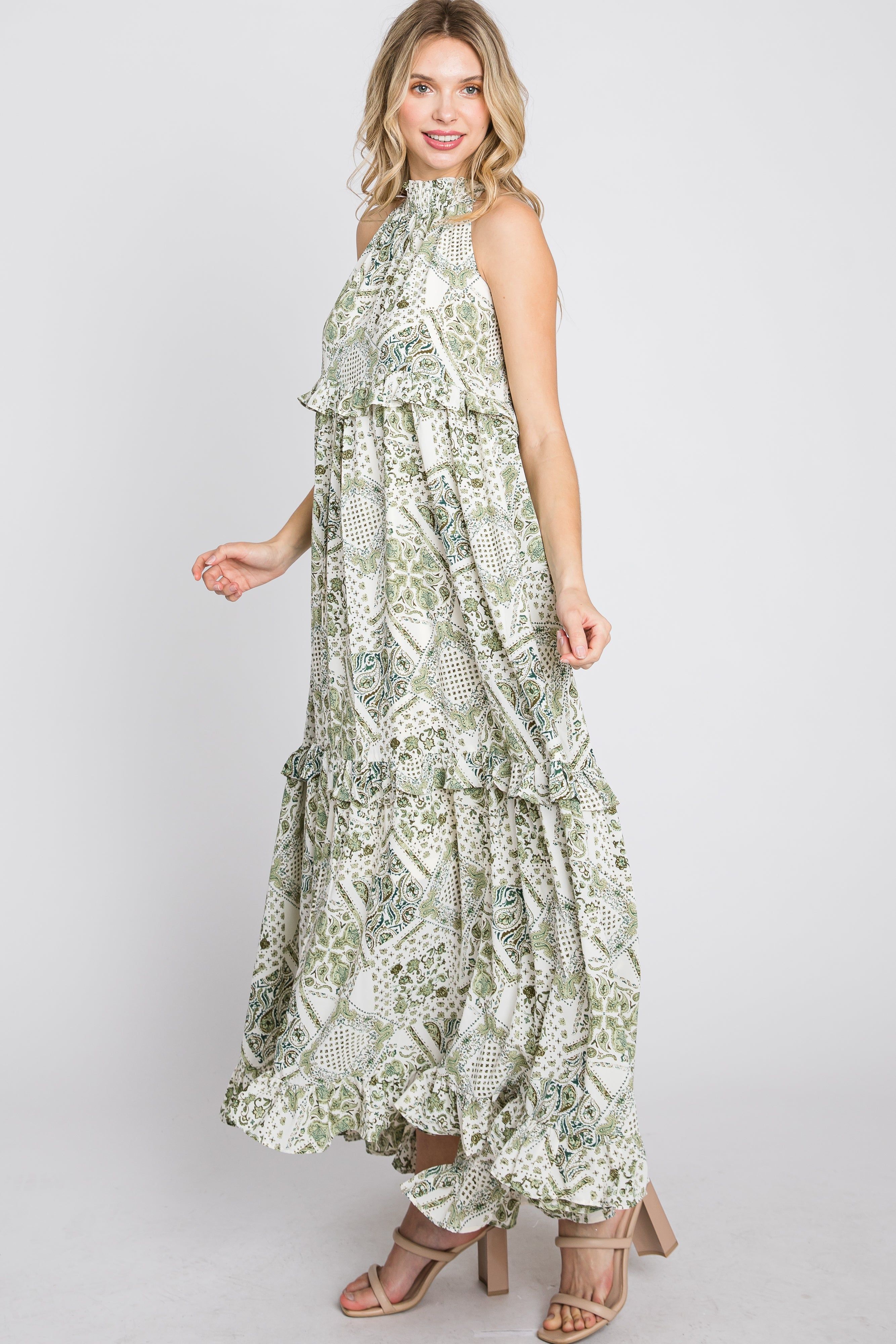 Green Floral Paisley Print Tiered Maxi Dress sold by Pinkblush product image thumbnail 6