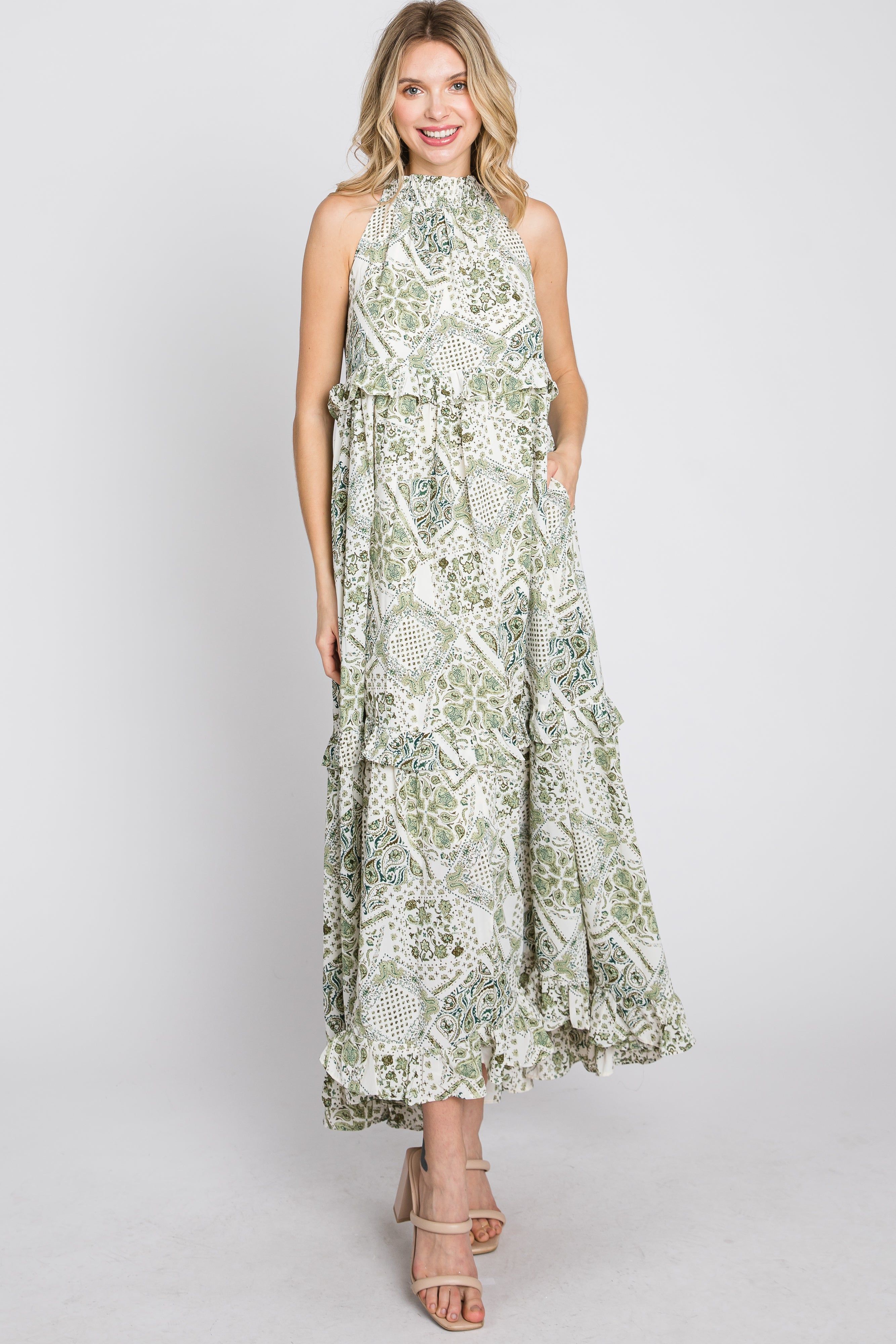 Green Floral Paisley Print Tiered Maxi Dress sold by Pinkblush product image thumbnail 3