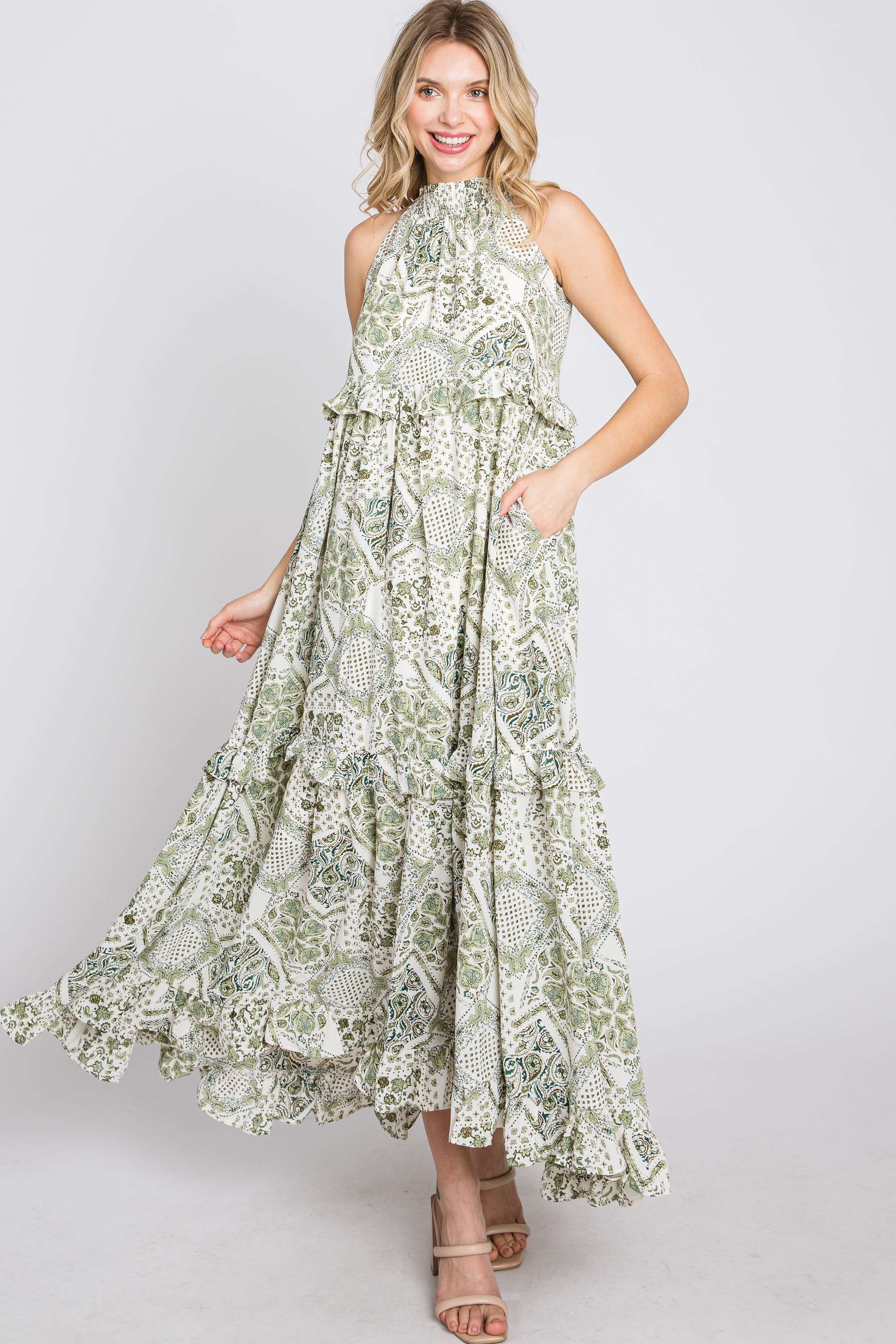 Green Floral Paisley Print Tiered Maxi Dress sold by Pinkblush product image thumbnail 4