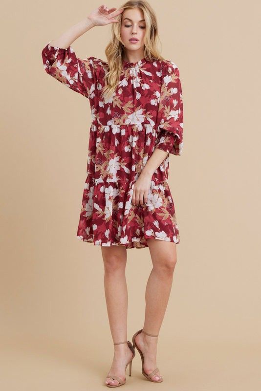 Burgundy Floral Chiffon Ruffle Mock Neck Tiered Maternity Dress sold by Pinkblush product image thumbnail 5