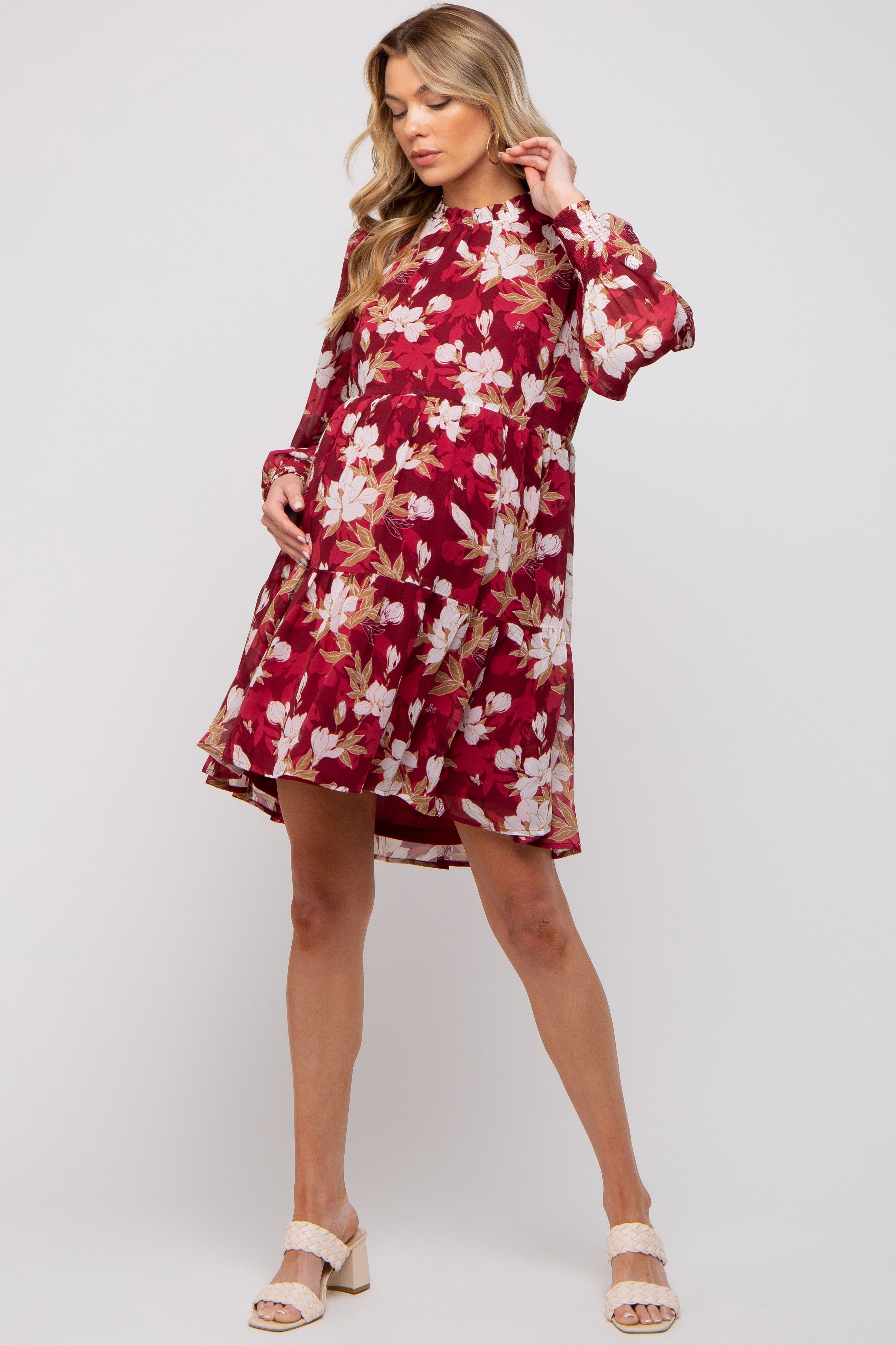 Burgundy Floral Chiffon Ruffle Mock Neck Tiered Maternity Dress sold by Pinkblush product image thumbnail 3