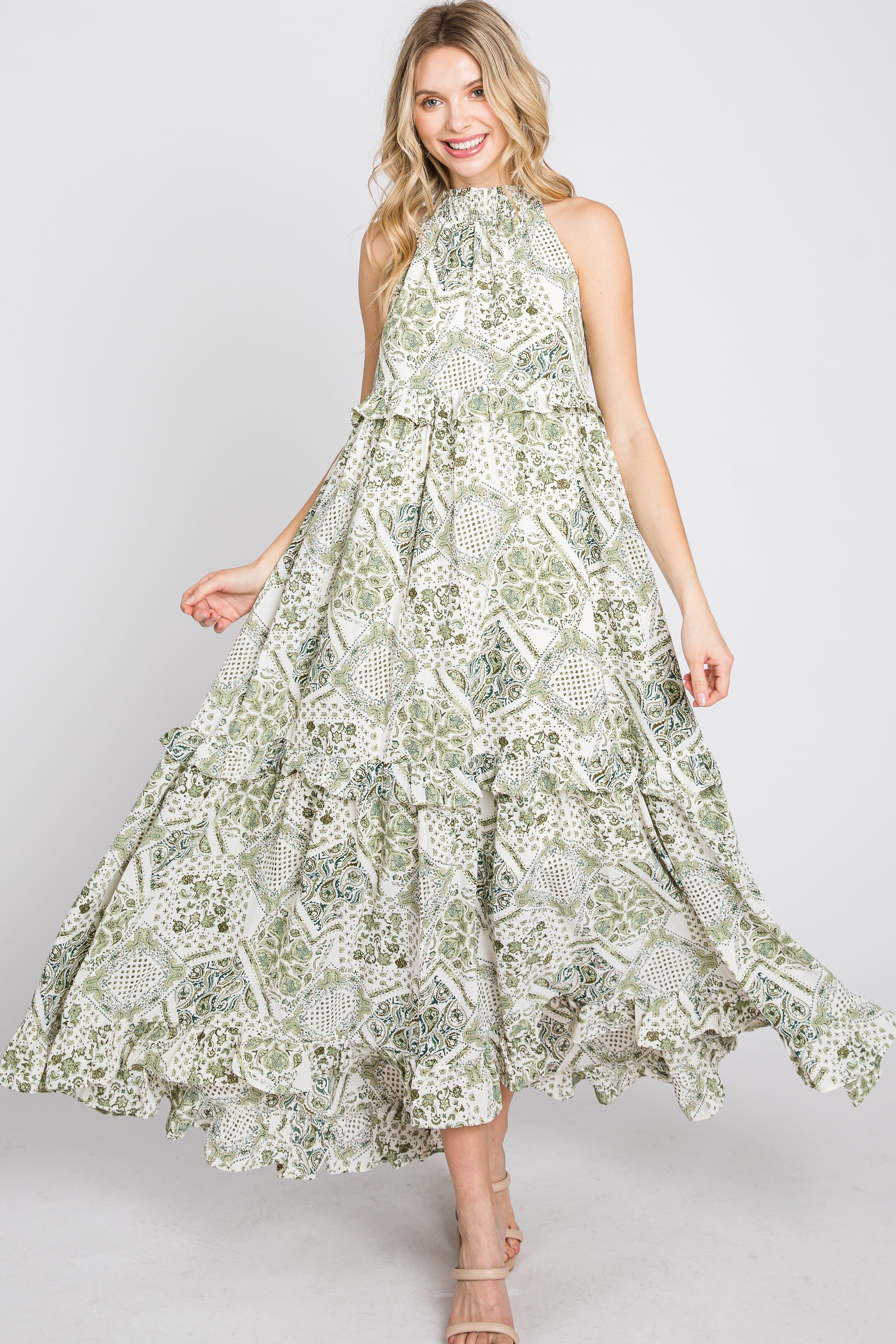 Green Floral Paisley Print Tiered Maxi Dress sold by Pinkblush product image thumbnail 11