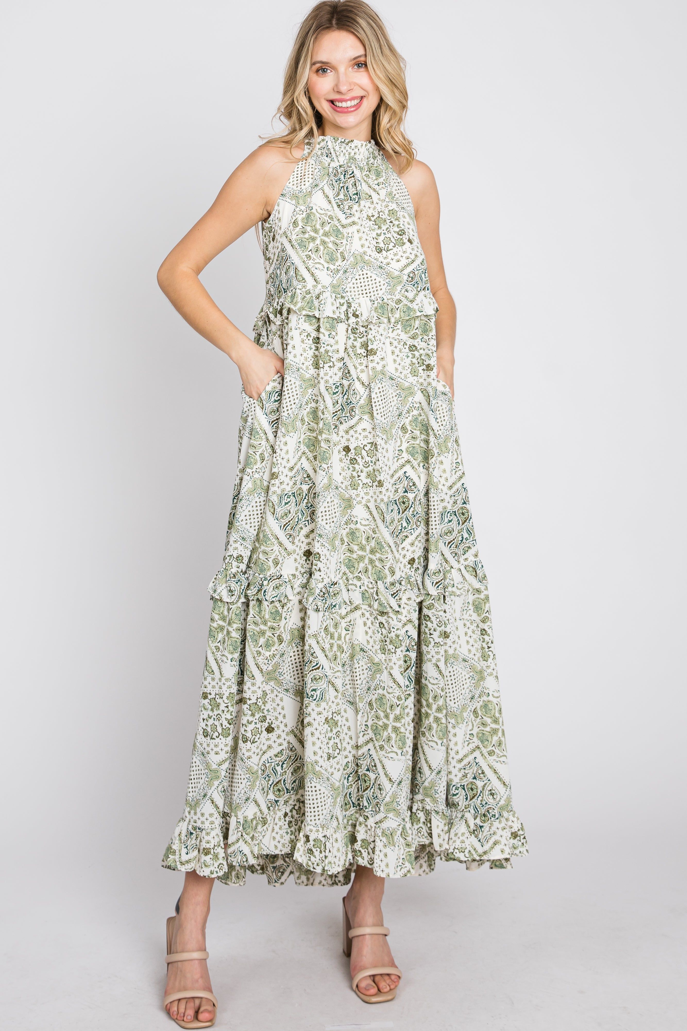 Green Floral Paisley Print Tiered Maxi Dress sold by Pinkblush product image thumbnail 2
