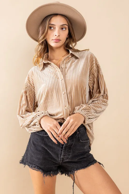 Beige Velvet Ribbed Collared Long Sleeve Blouse sold by Pinkblush