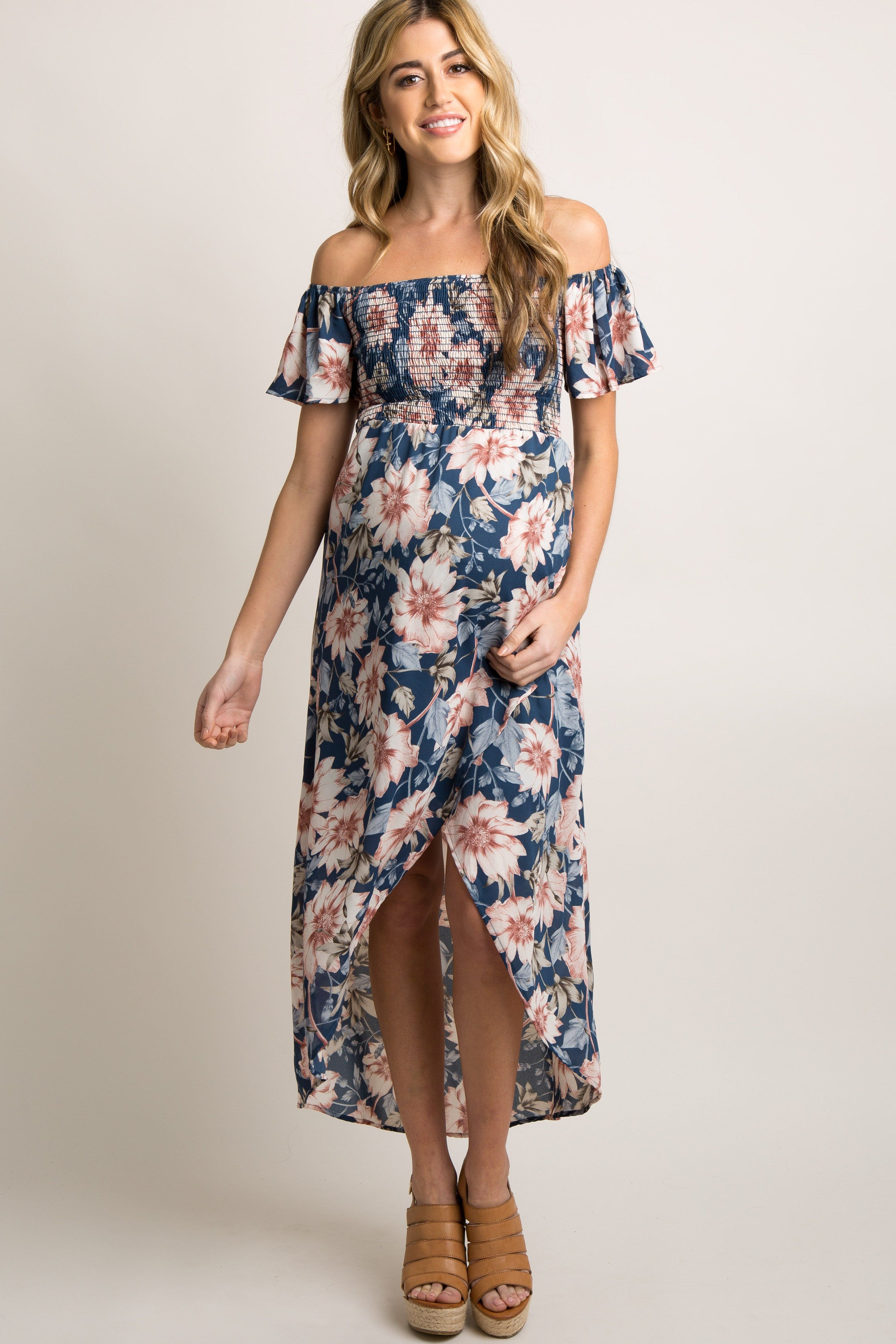 PinkBlush Blue Floral Off Shoulder Smocked Wrap Maternity Dress sold by Pinkblush