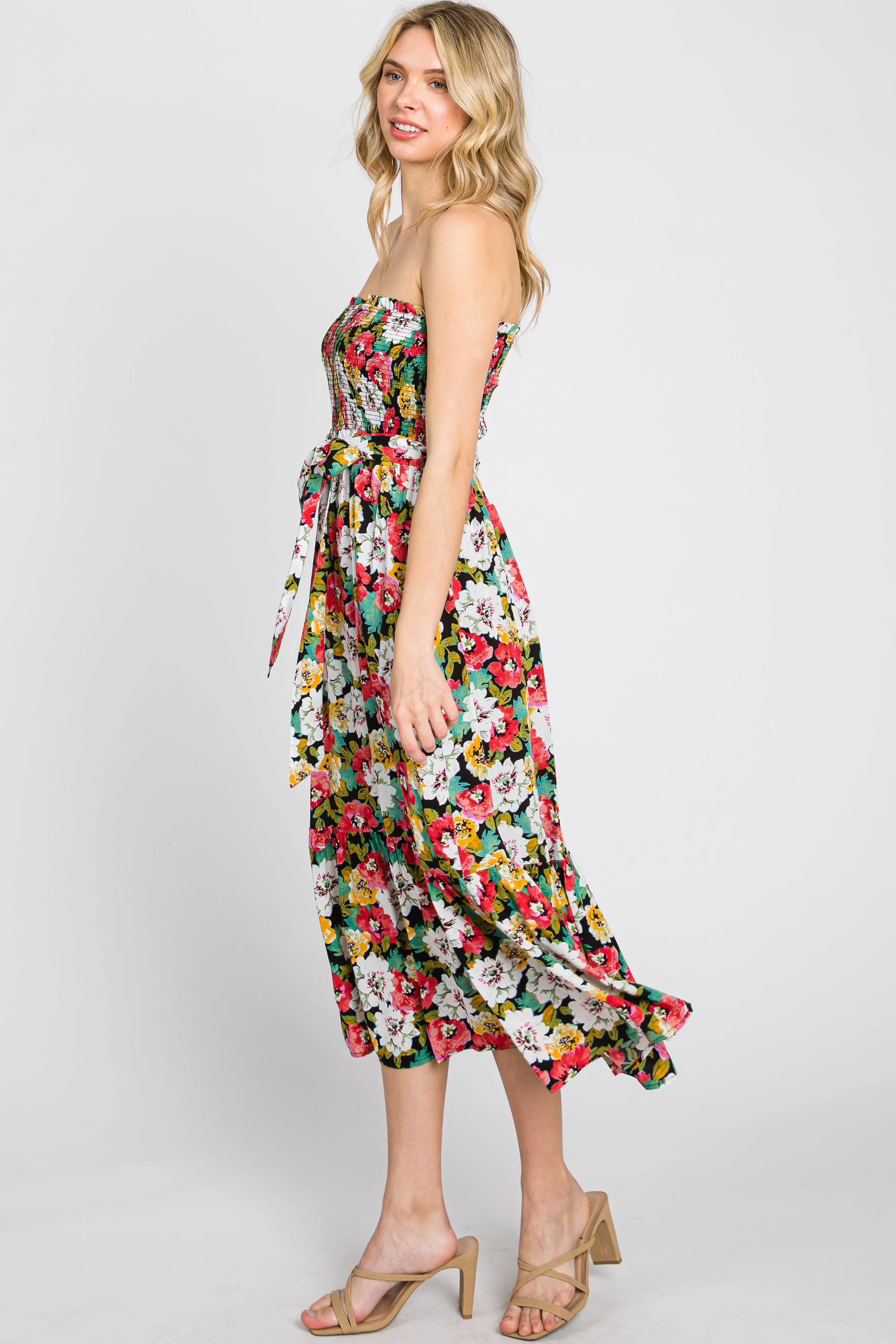 Black Floral Smocked Strapless Midi Dress sold by Pinkblush product image thumbnail 2