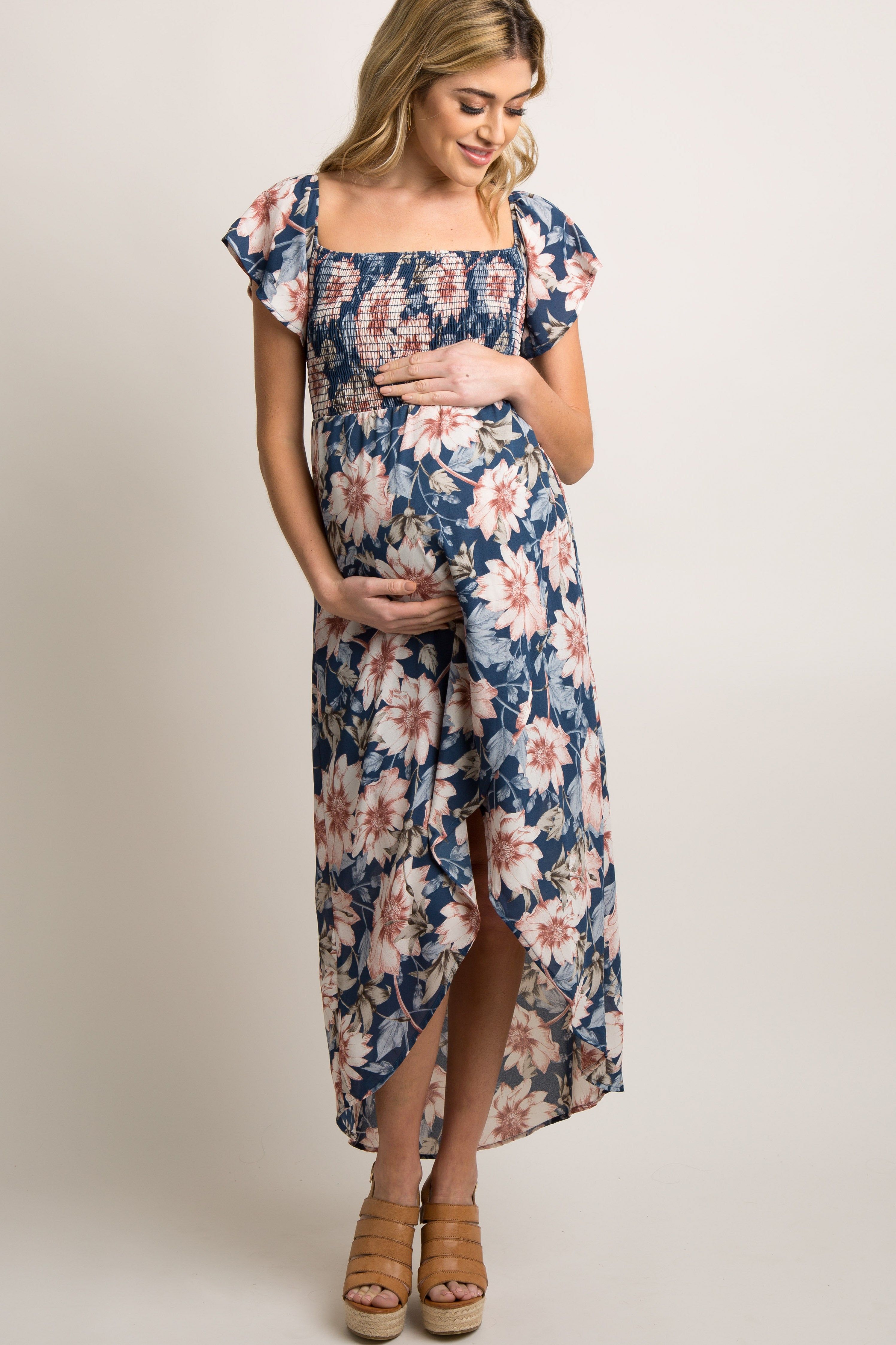 PinkBlush Blue Floral Off Shoulder Smocked Wrap Maternity Dress sold by Pinkblush product image thumbnail 2