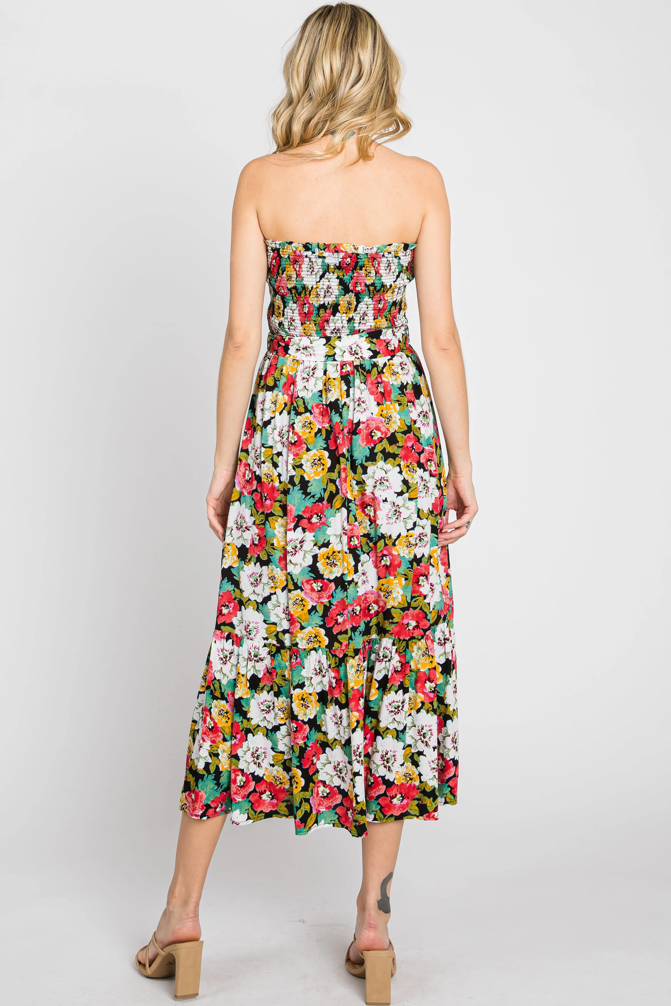 Black Floral Smocked Strapless Midi Dress sold by Pinkblush product image thumbnail 3