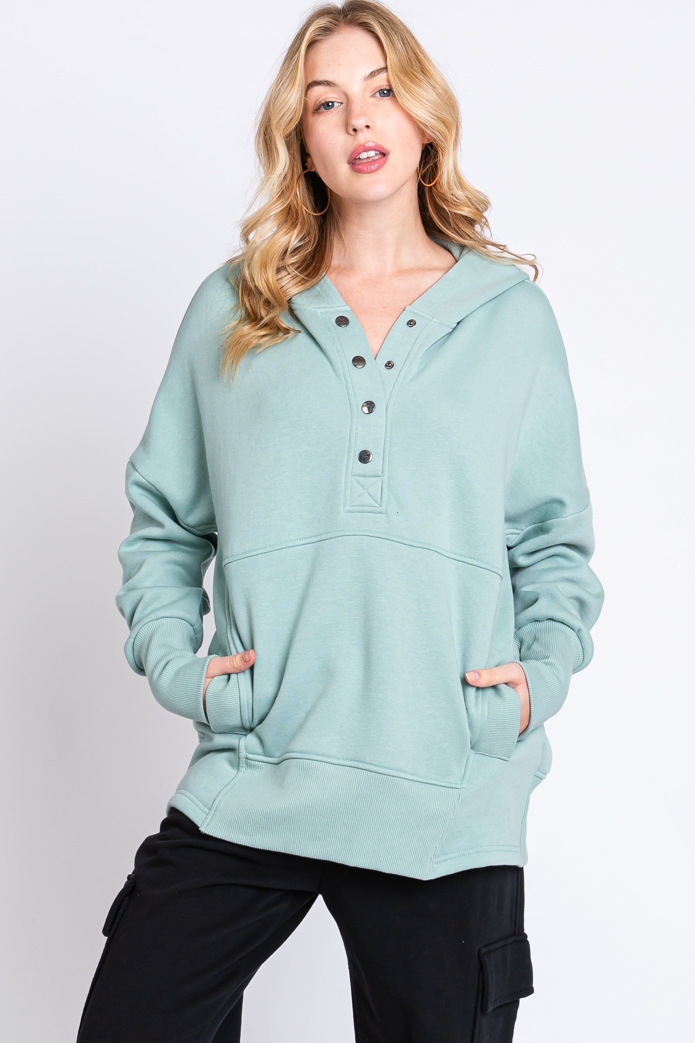 Sage Hooded Button Pullover Sweater sold by Pinkblush