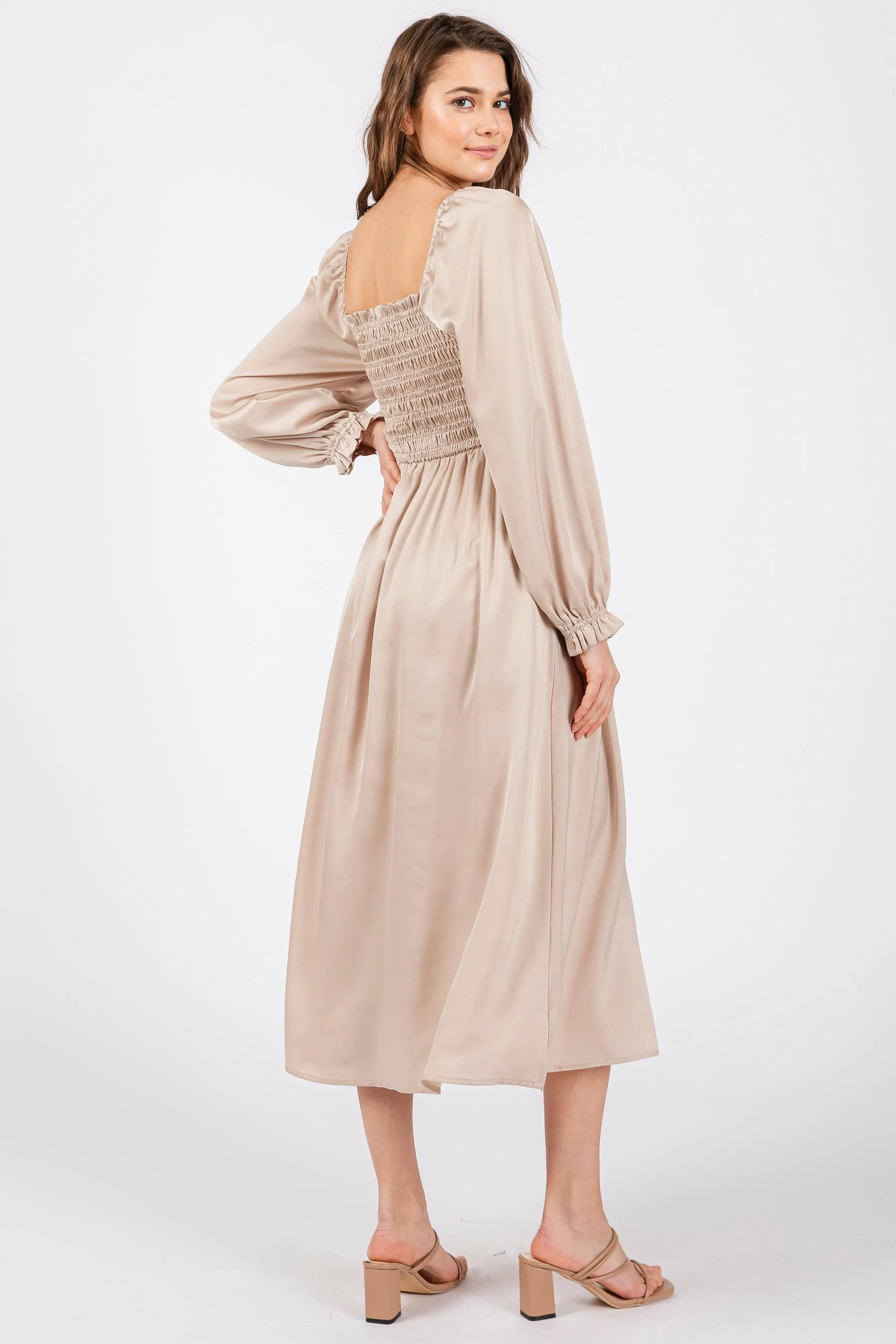Beige Smocked Square Neck Satin Midi Dress sold by Pinkblush product image thumbnail 3