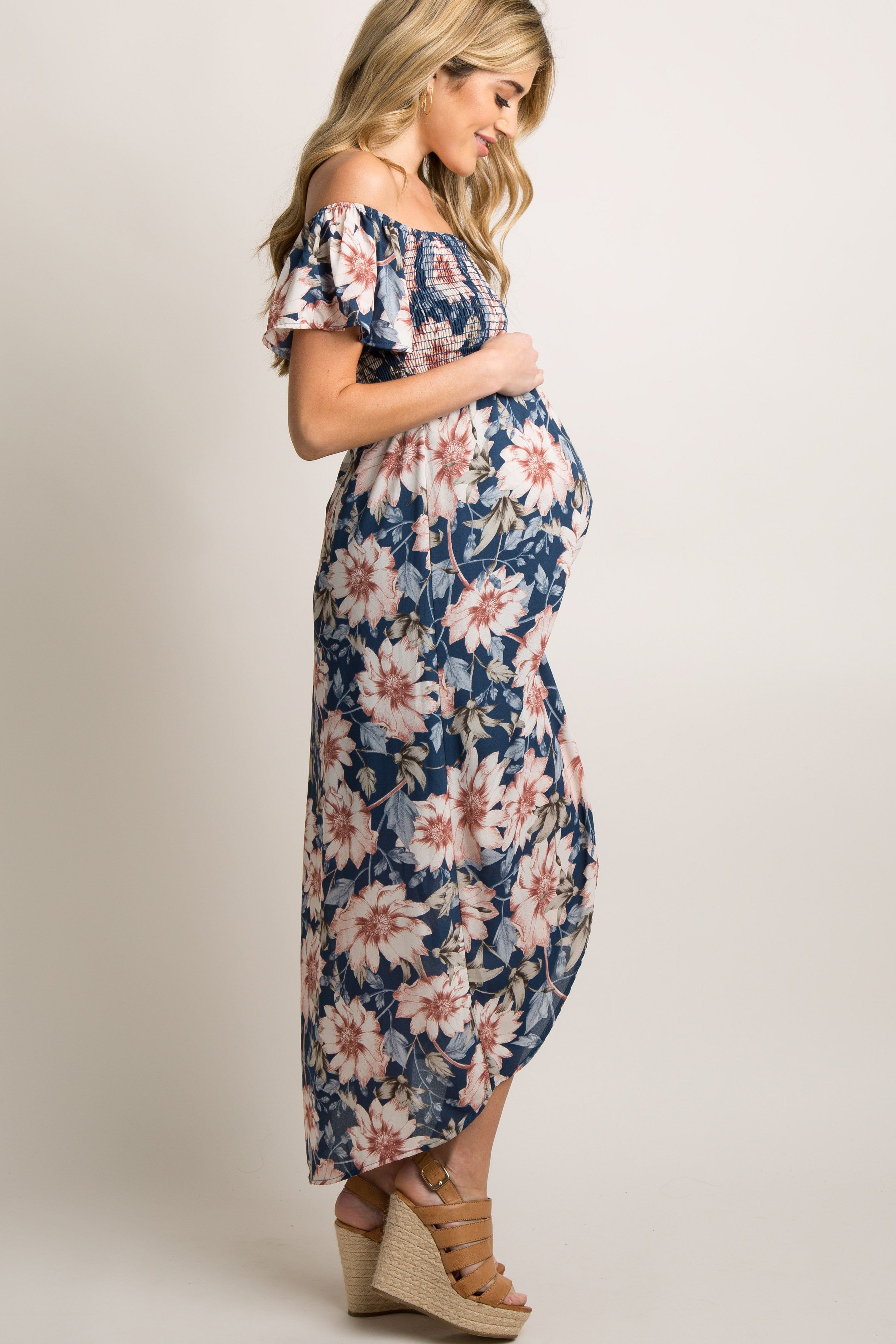 PinkBlush Blue Floral Off Shoulder Smocked Wrap Maternity Dress sold by Pinkblush product image thumbnail 3