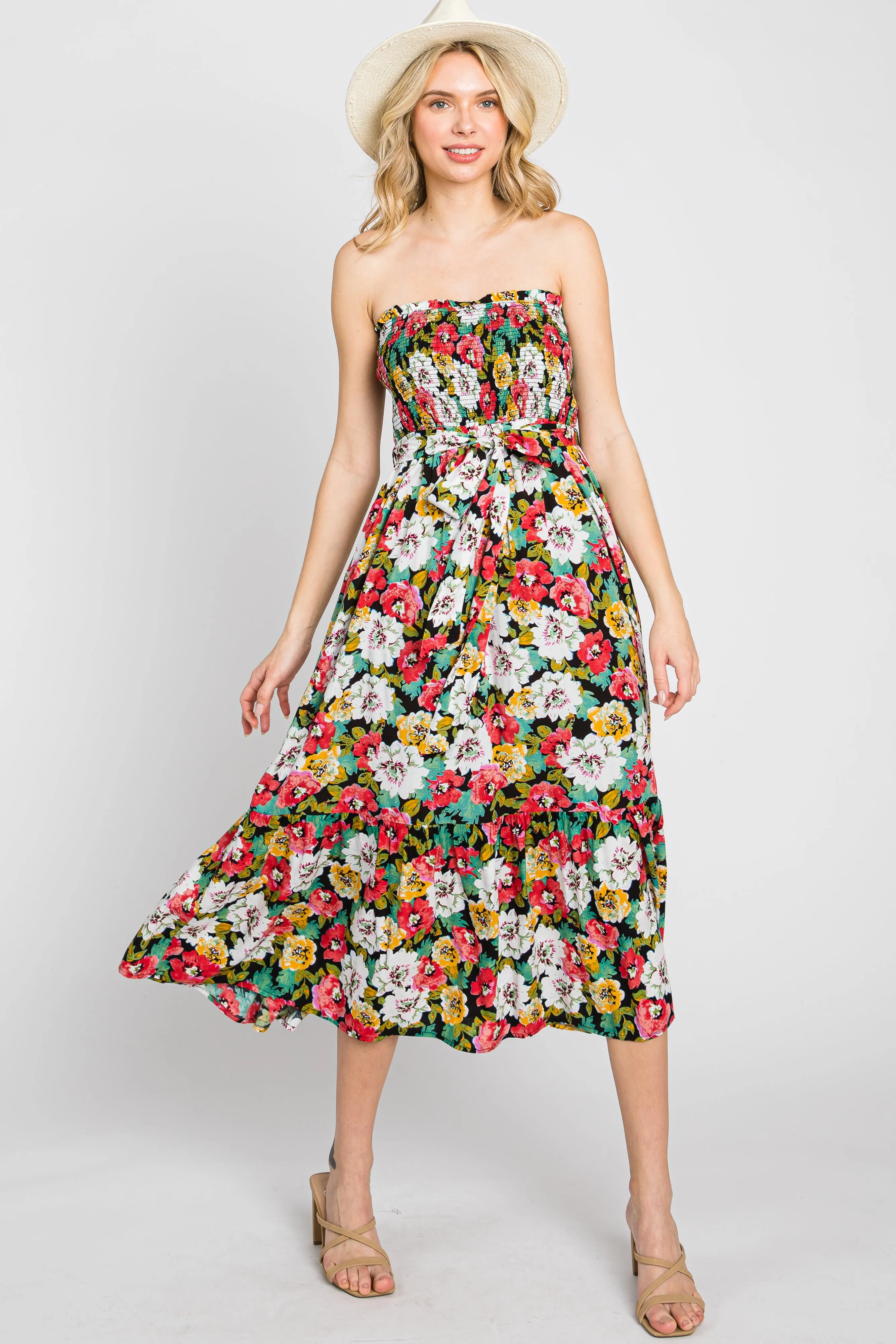 Black Floral Smocked Strapless Midi Dress sold by Pinkblush product image thumbnail 4